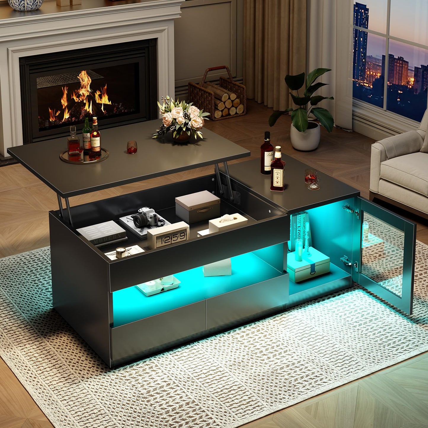 39.4" Lift Top Coffee Table with 2 Drawers, Modern LED Coffee Tables for Living Room