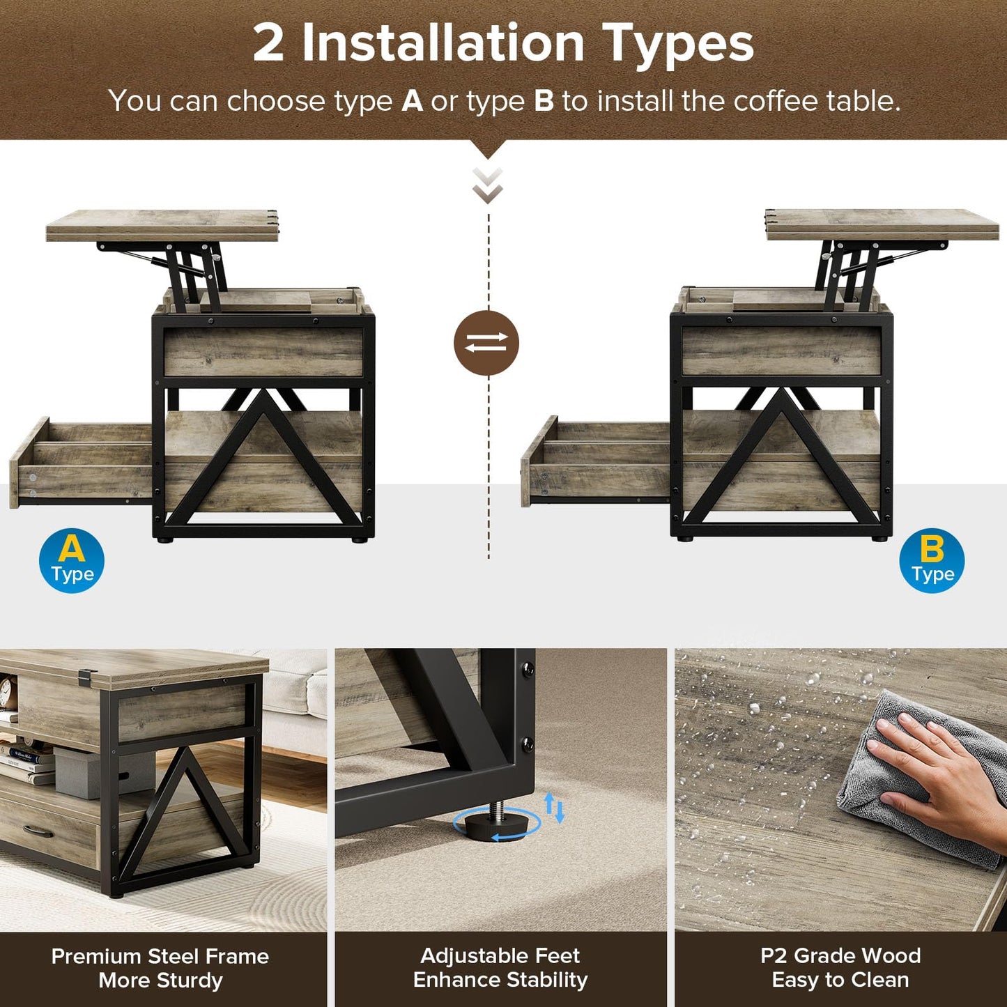 40" Lift Top Coffee Table,4 in 1 Multi-Function Lift Coffee Tables with Storage Drawers