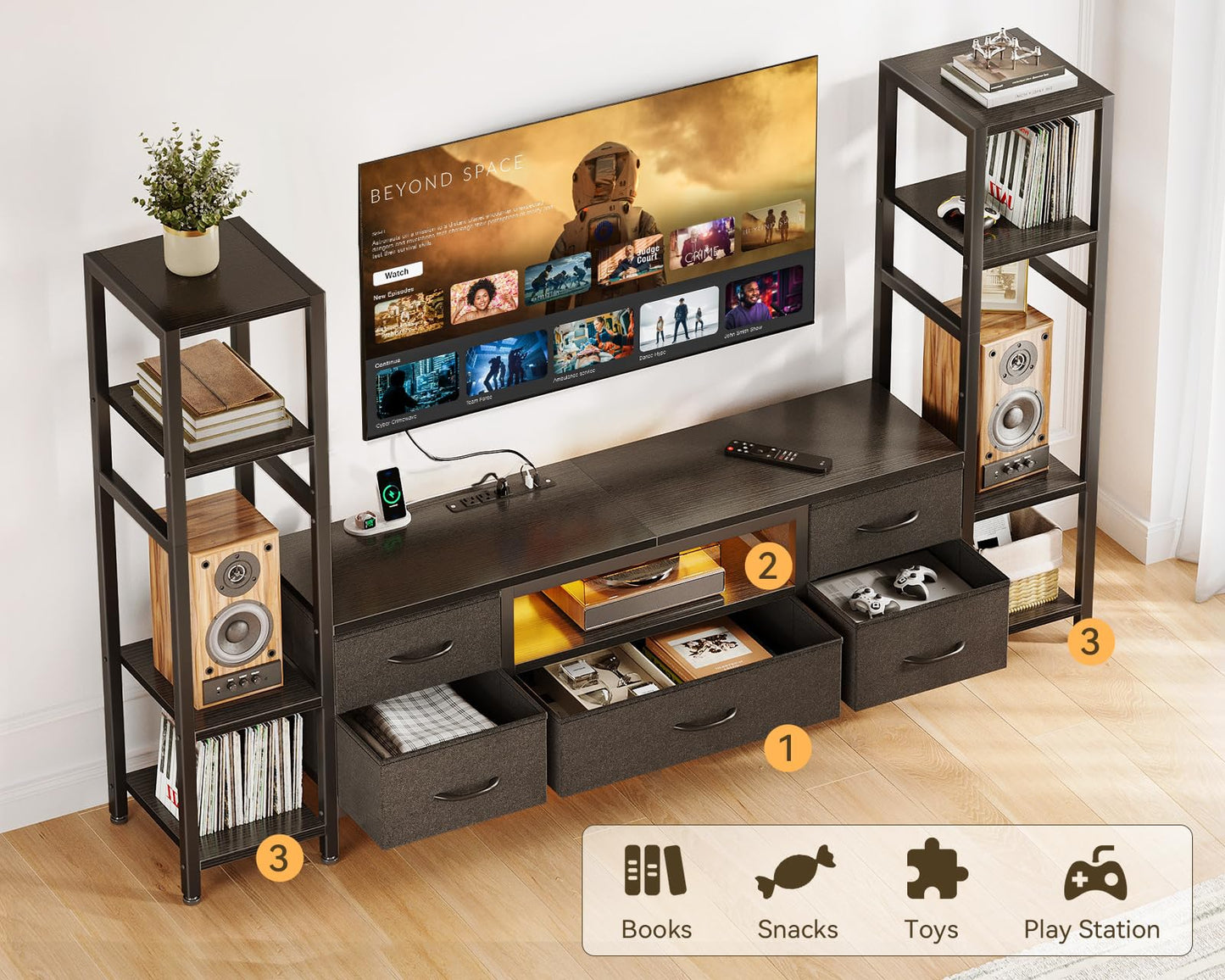 Black TV Stand with LED Lights & Power Outlets, 5 Drawer Entertainment Center for 40–50 Inch TVs