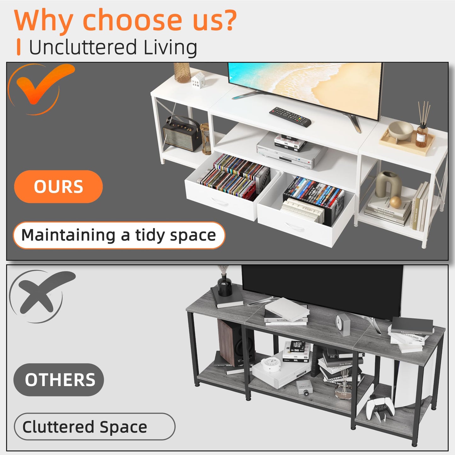 63" Rustic Brown TV Stand for 65–75 Inch TVs – Industrial Entertainment Center with Fabric Drawers