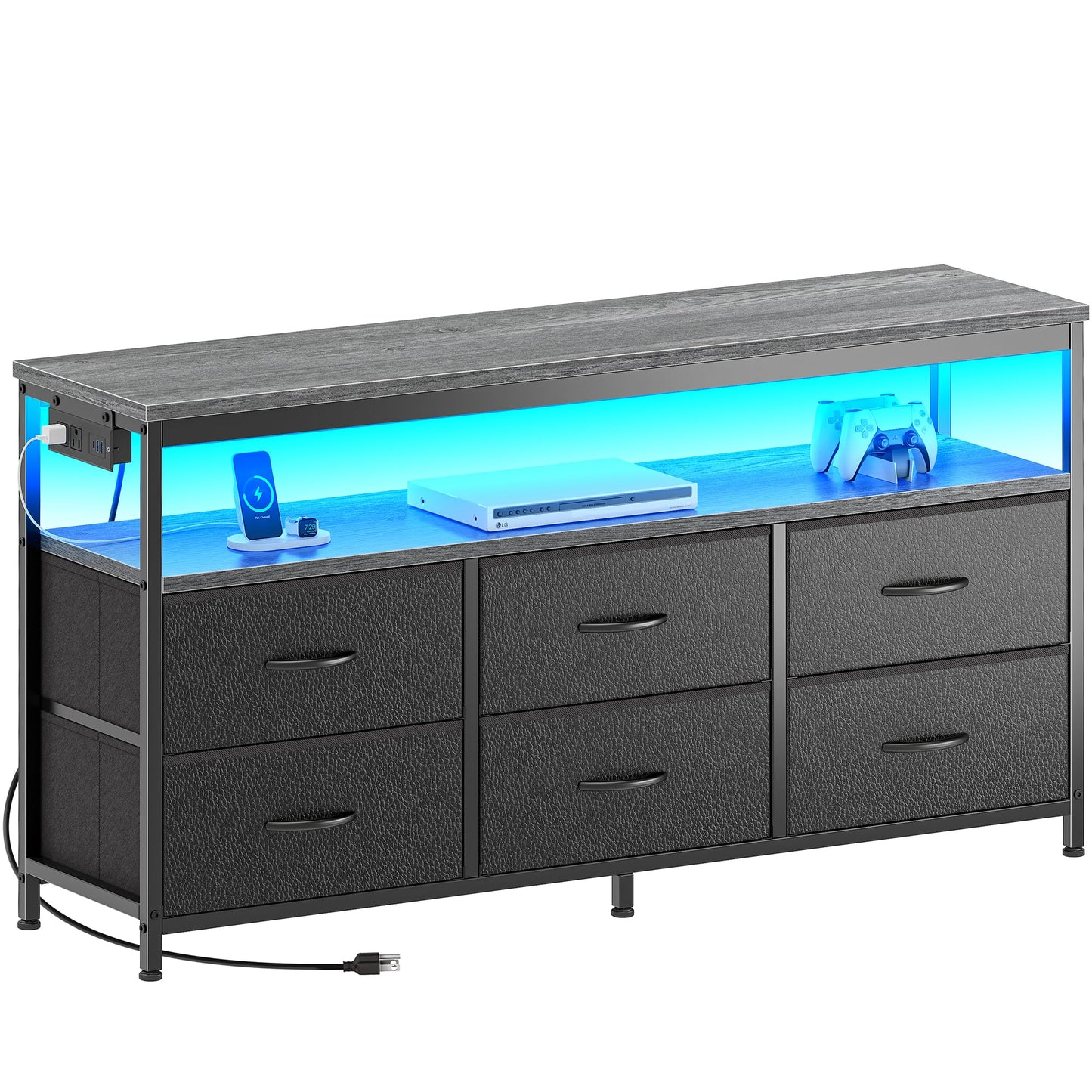 63" Black LED TV Stand with Power Outlets – Long Dresser Entertainment Center