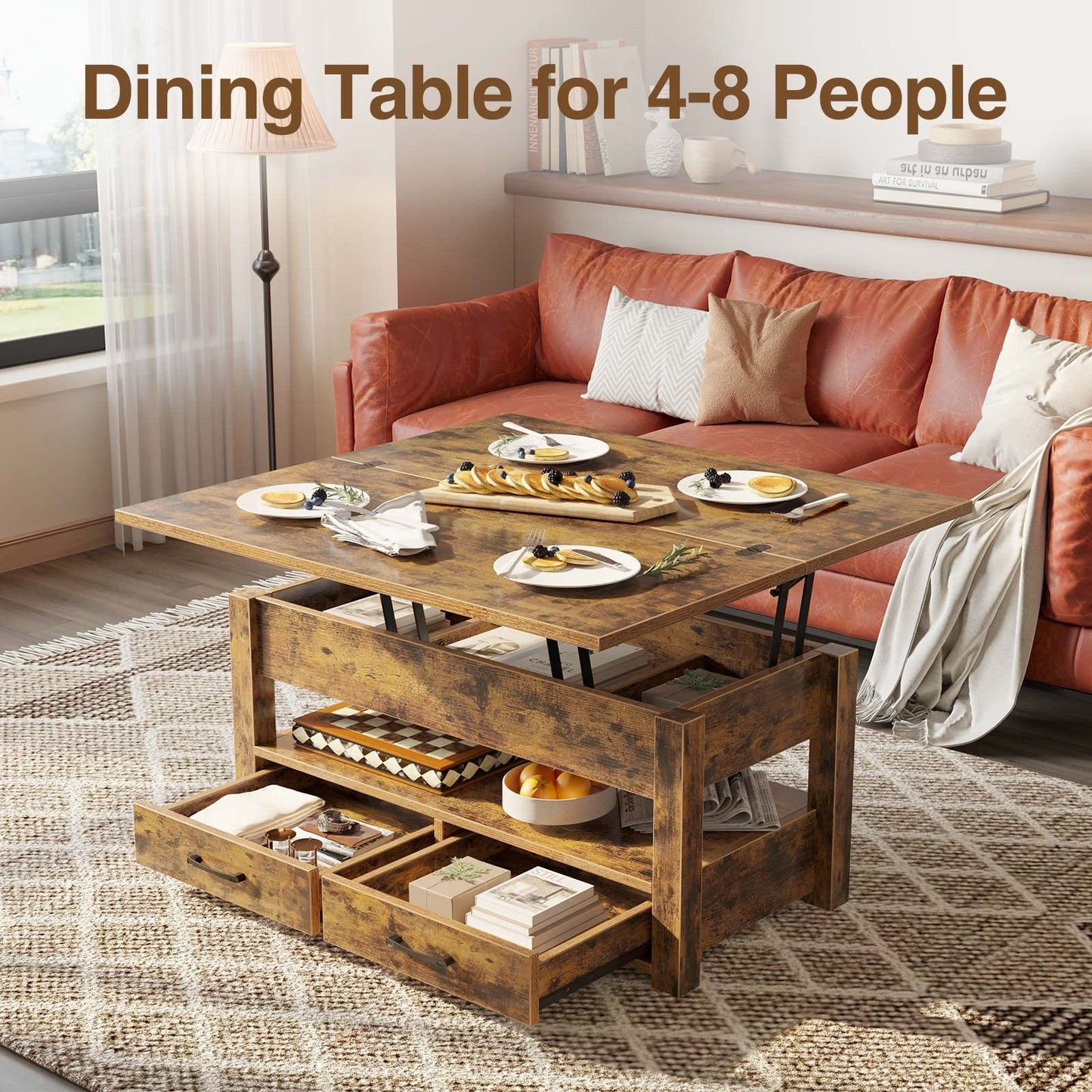 Lift Top Coffee Table – Convertible Espresso Table with Drawers & Hidden Storage,