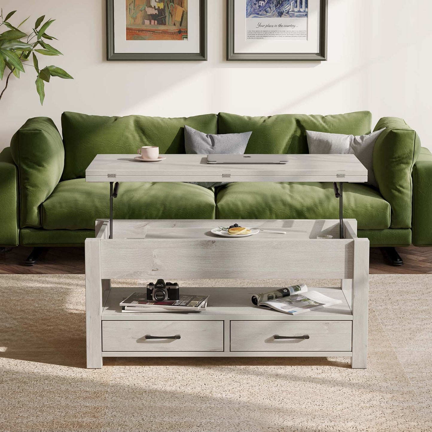 Lift Top Coffee Table – Convertible Espresso Table with Drawers & Hidden Storage,