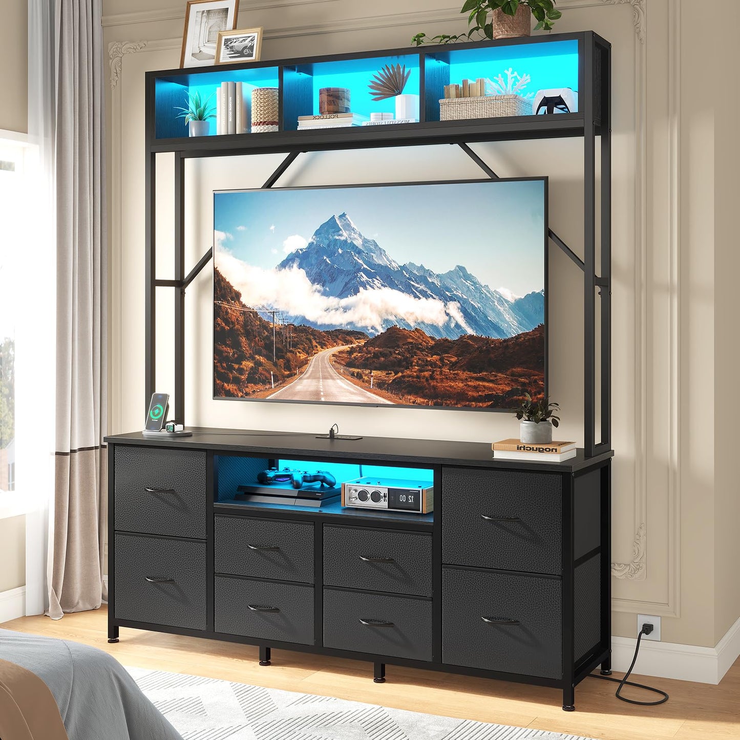 55" Rustic Brown TV Stand – LED Entertainment Center with Power Outlets, 6 PU Fabric Drawers