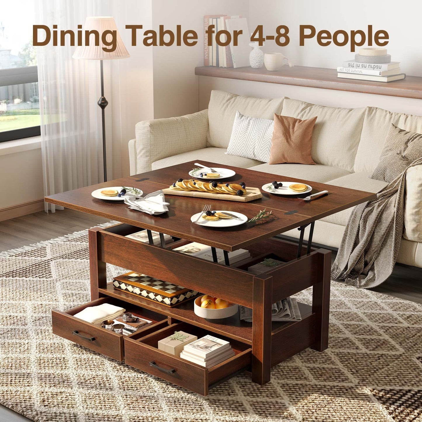 Lift Top Coffee Table – Convertible Espresso Table with Drawers & Hidden Storage,