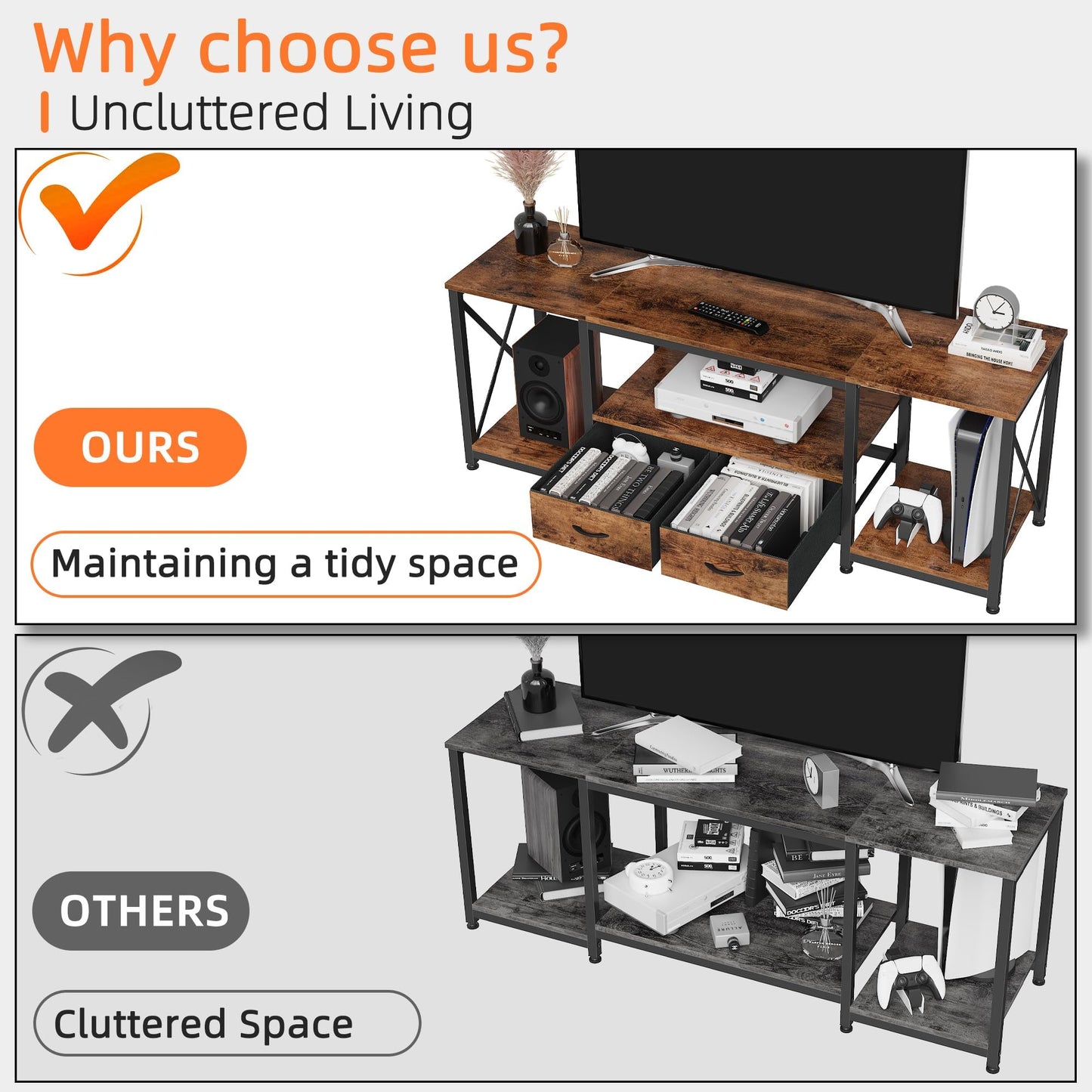 63" Rustic Brown TV Stand for 65–75 Inch TVs – Industrial Entertainment Center with Fabric Drawers