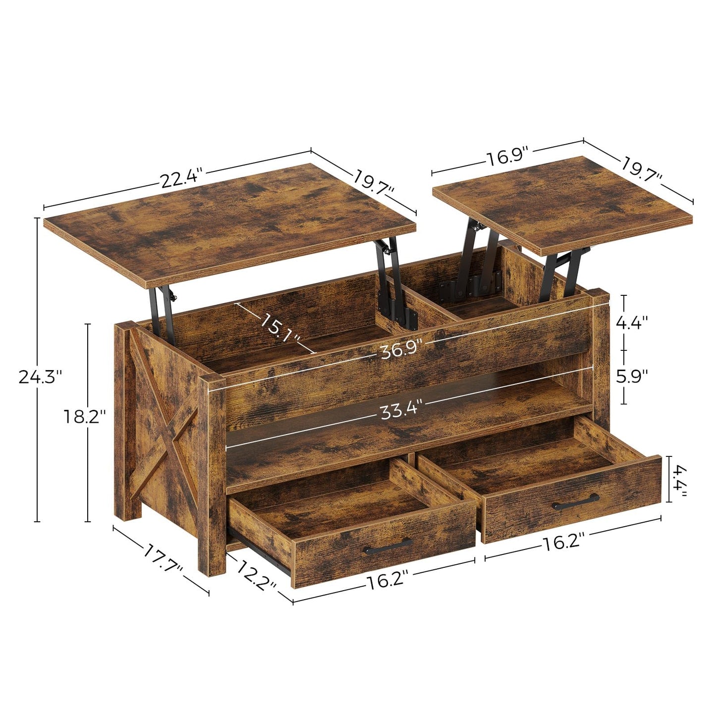 47.2" Black Lift Top Coffee Table – Farmhouse X-Frame Center Table with Hidden Storage & 2 Drawers