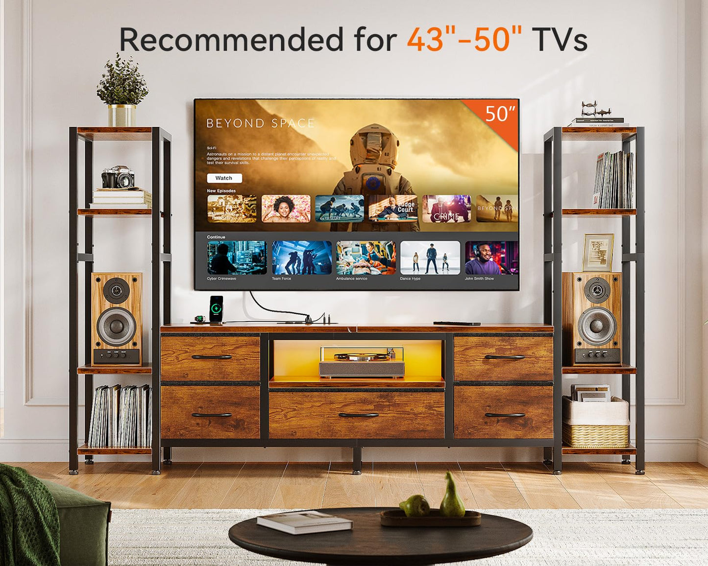 Black TV Stand with LED Lights & Power Outlets, 5 Drawer Entertainment Center for 40–50 Inch TVs