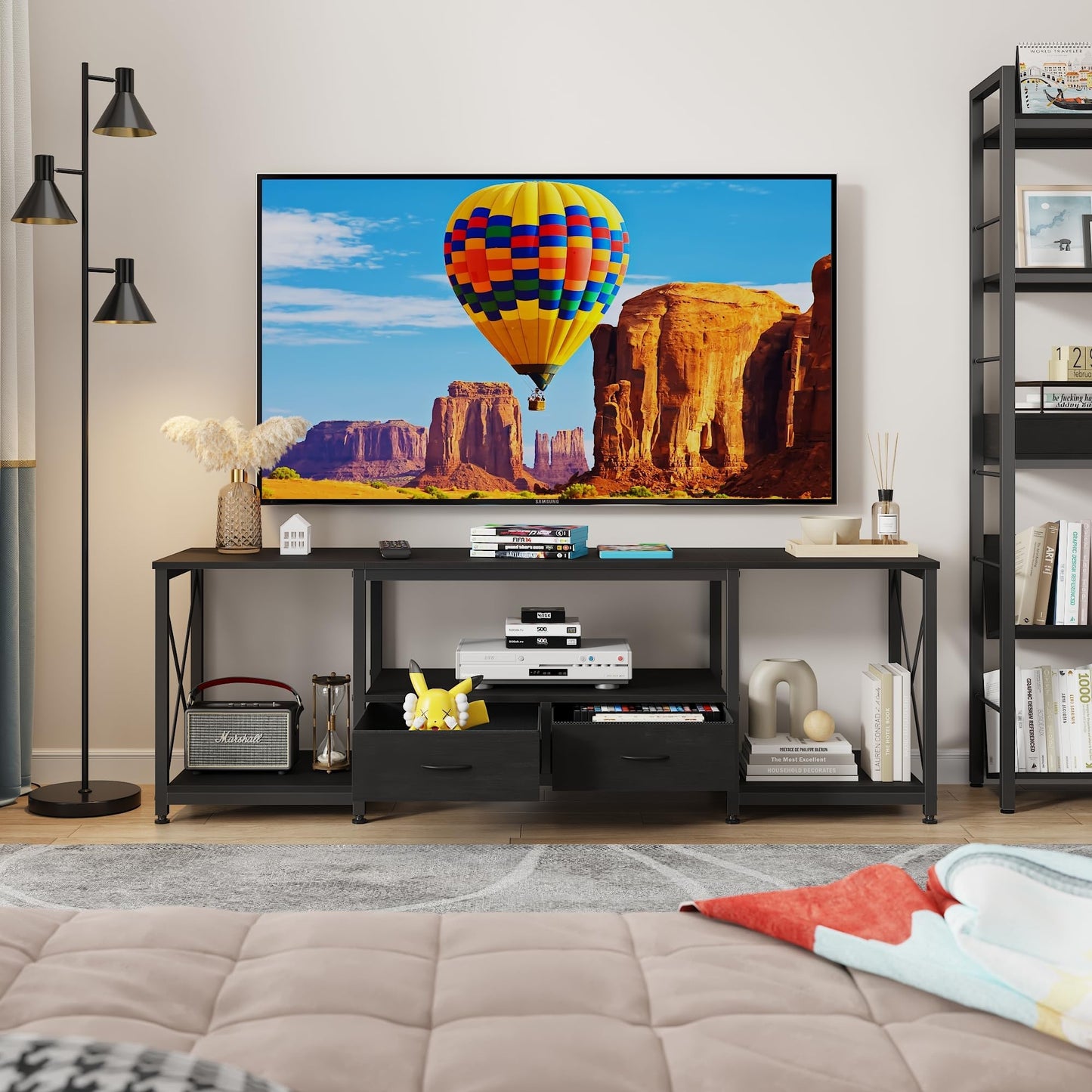 63" Rustic Brown TV Stand for 65–75 Inch TVs – Industrial Entertainment Center with Fabric Drawers