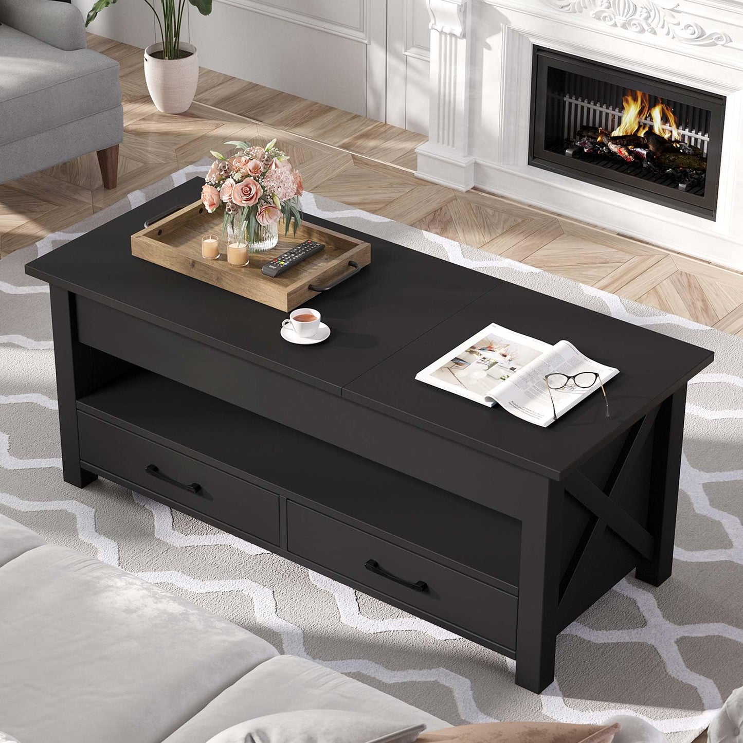 47.2" Black Lift Top Coffee Table – Farmhouse X-Frame Center Table with Hidden Storage & 2 Drawers