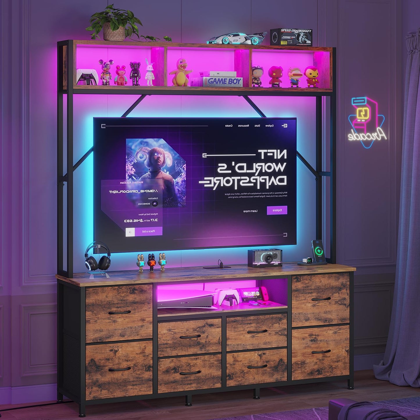 55" Rustic Brown TV Stand – LED Entertainment Center with Power Outlets, 6 PU Fabric Drawers