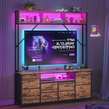 55" Rustic Brown TV Stand – LED Entertainment Center with Power Outlets, 6 PU Fabric Drawers