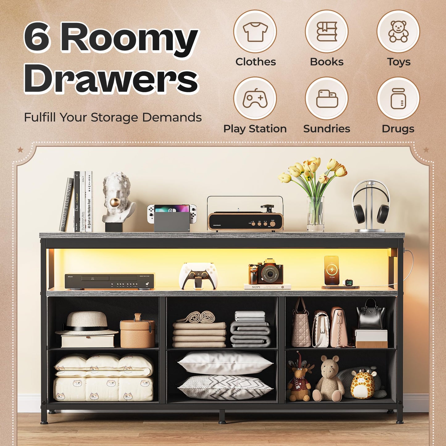 63" Black LED TV Stand with Power Outlets – Long Dresser Entertainment Center