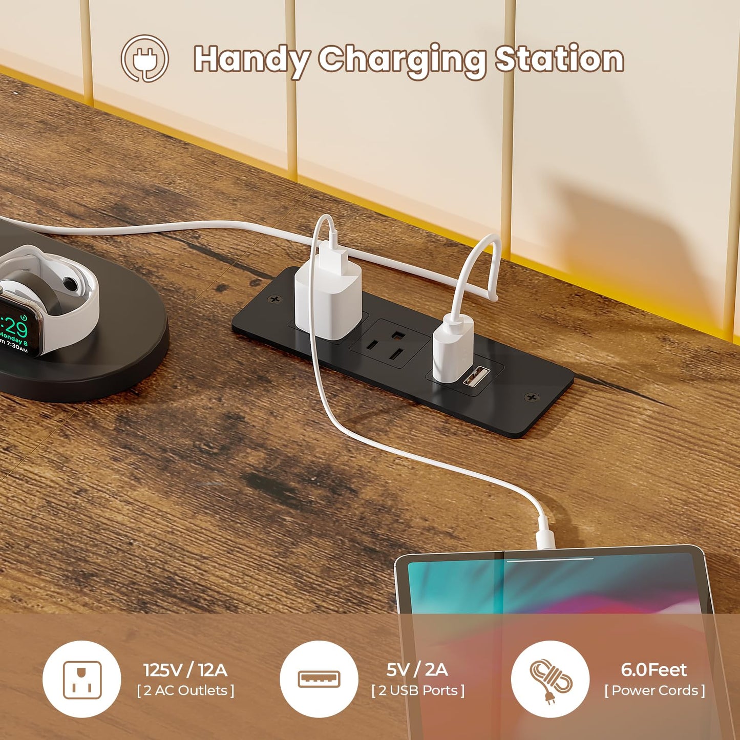 55" Rustic Brown TV Stand – LED Entertainment Center with Power Outlets, 6 PU Fabric Drawers