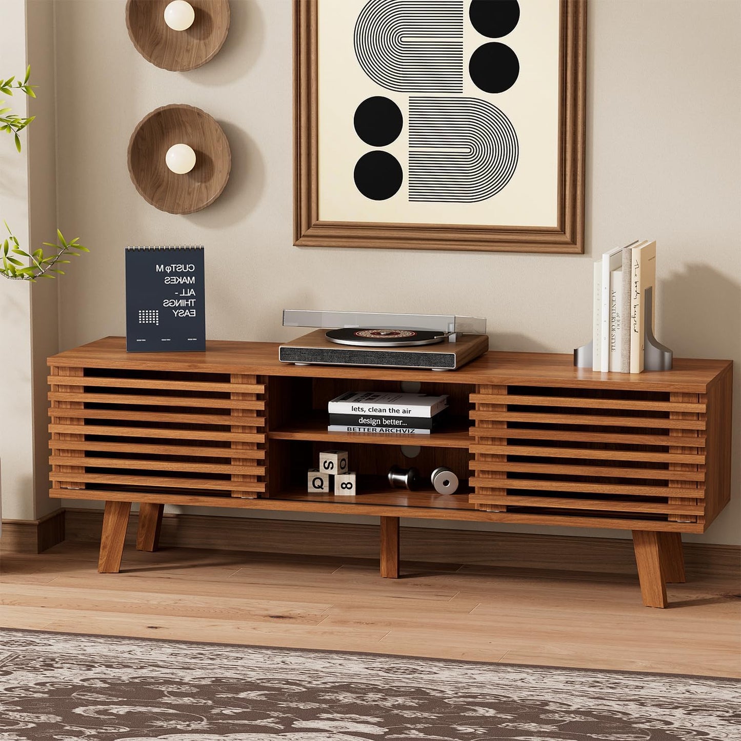 Modern Boho TV Stand for 55–65 Inch TVs – Entertainment Center with Sliding Doors & Storage