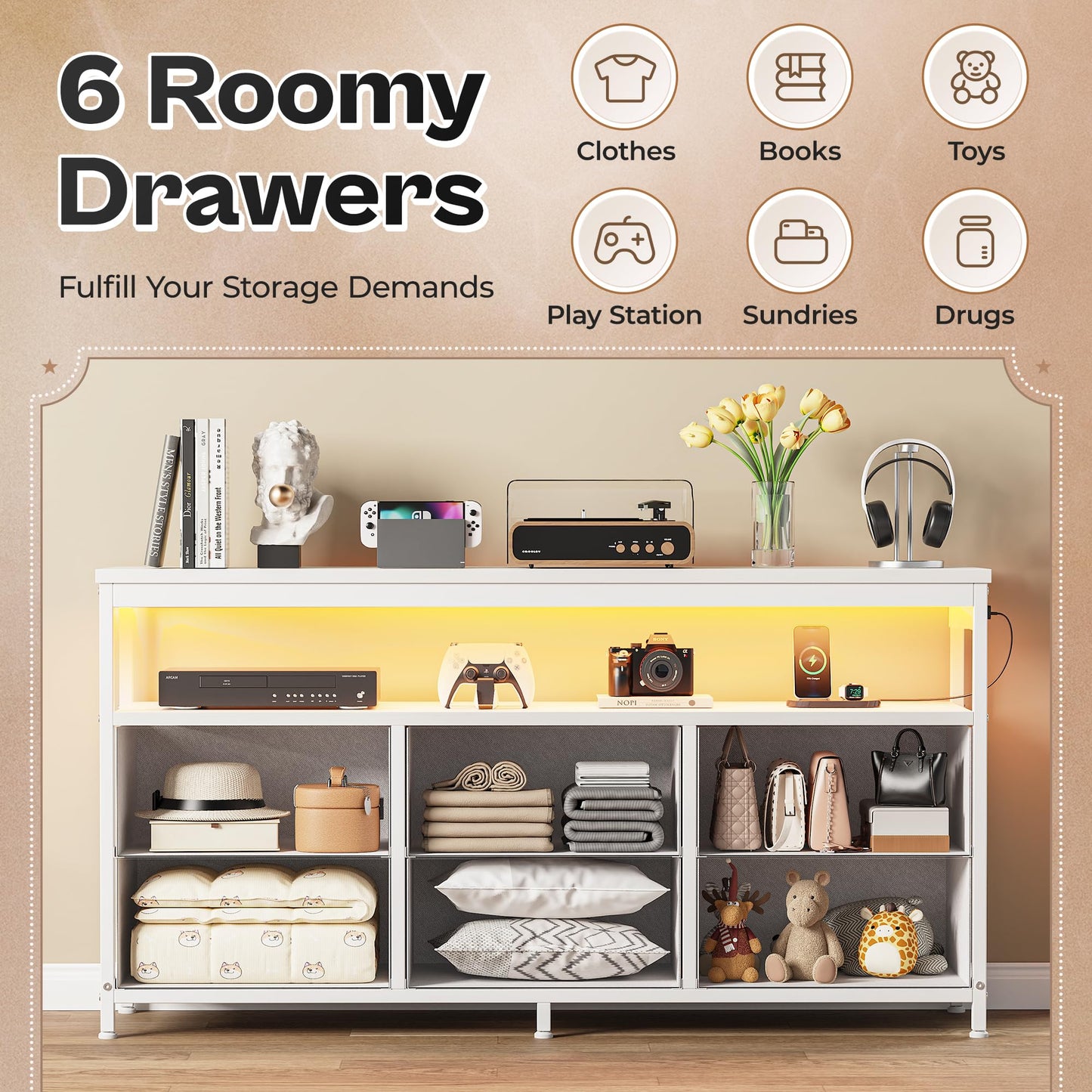 63" Black LED TV Stand with Power Outlets – Long Dresser Entertainment Center