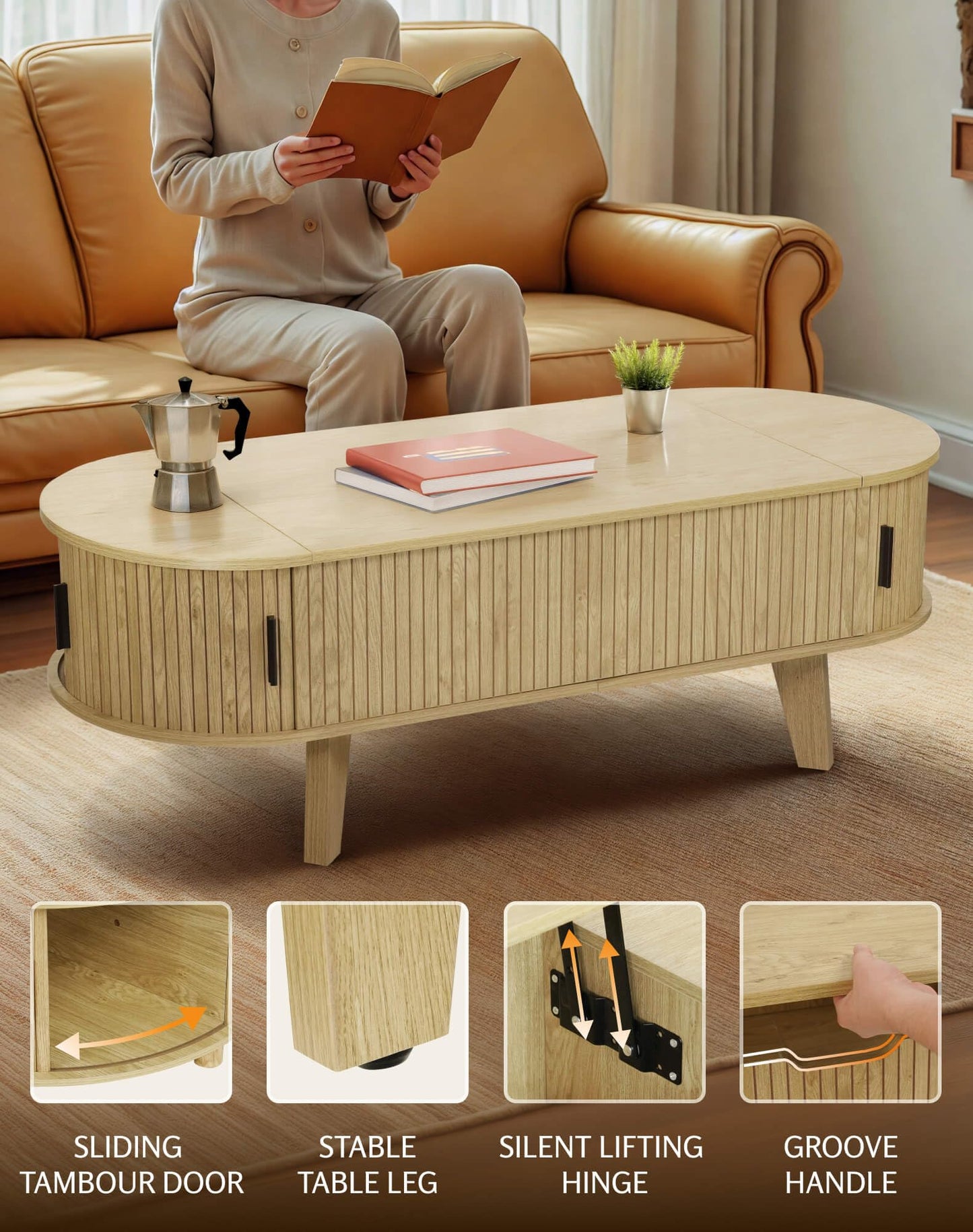 Oval Lift Top Coffee Table with Storage, 47.2" Mid Century Modern Living Room Center Table