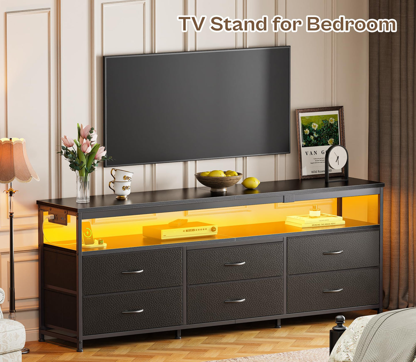 63" Black LED TV Stand with Power Outlets – Long Dresser Entertainment Center