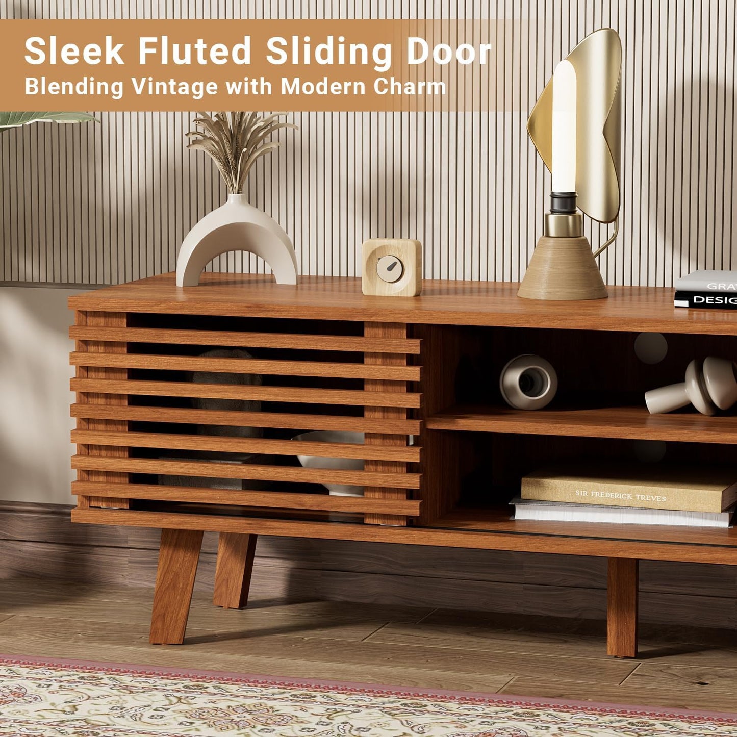 Modern Boho TV Stand for 55–65 Inch TVs – Entertainment Center with Sliding Doors & Storage