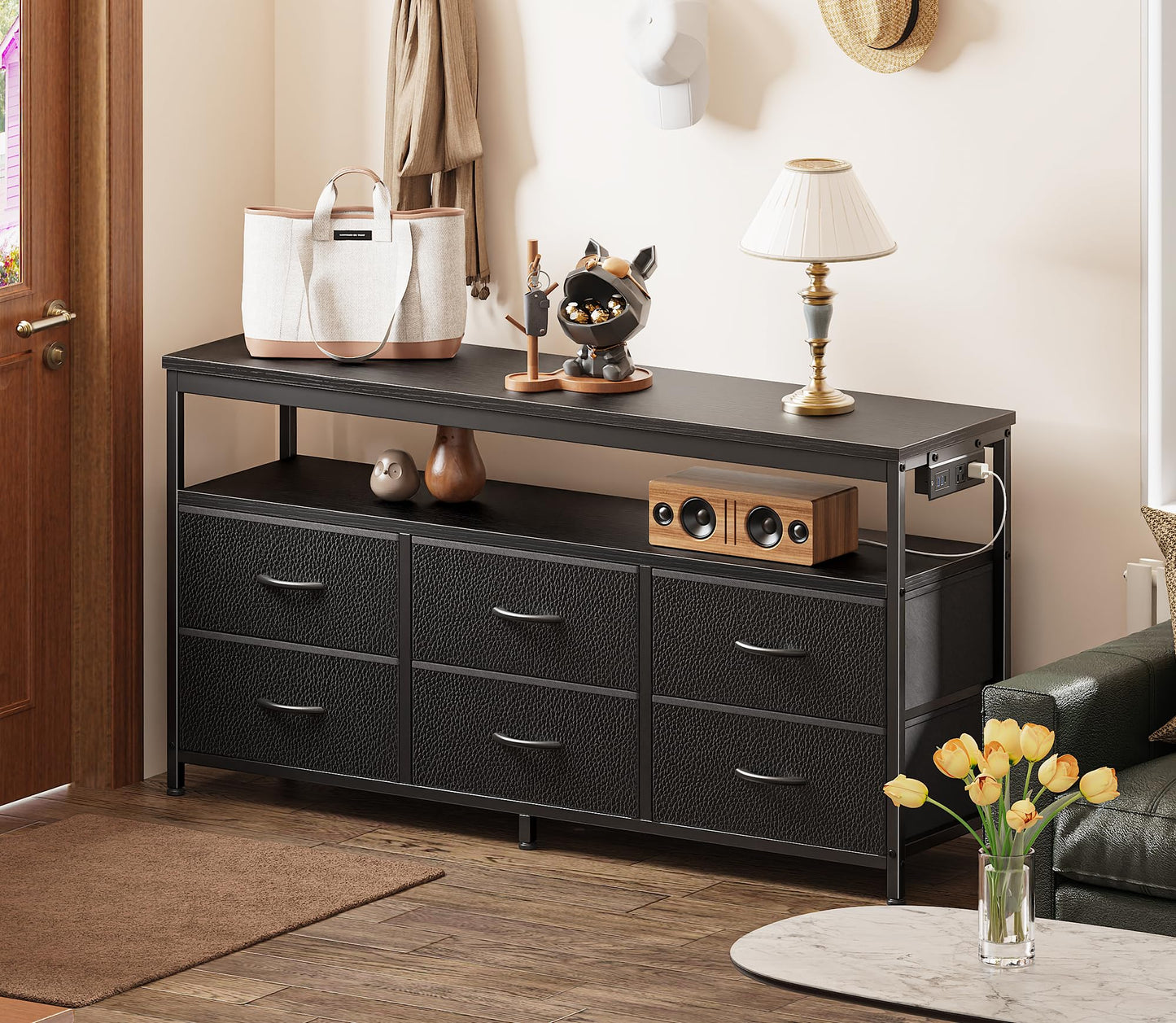 63" Black LED TV Stand with Power Outlets – Long Dresser Entertainment Center