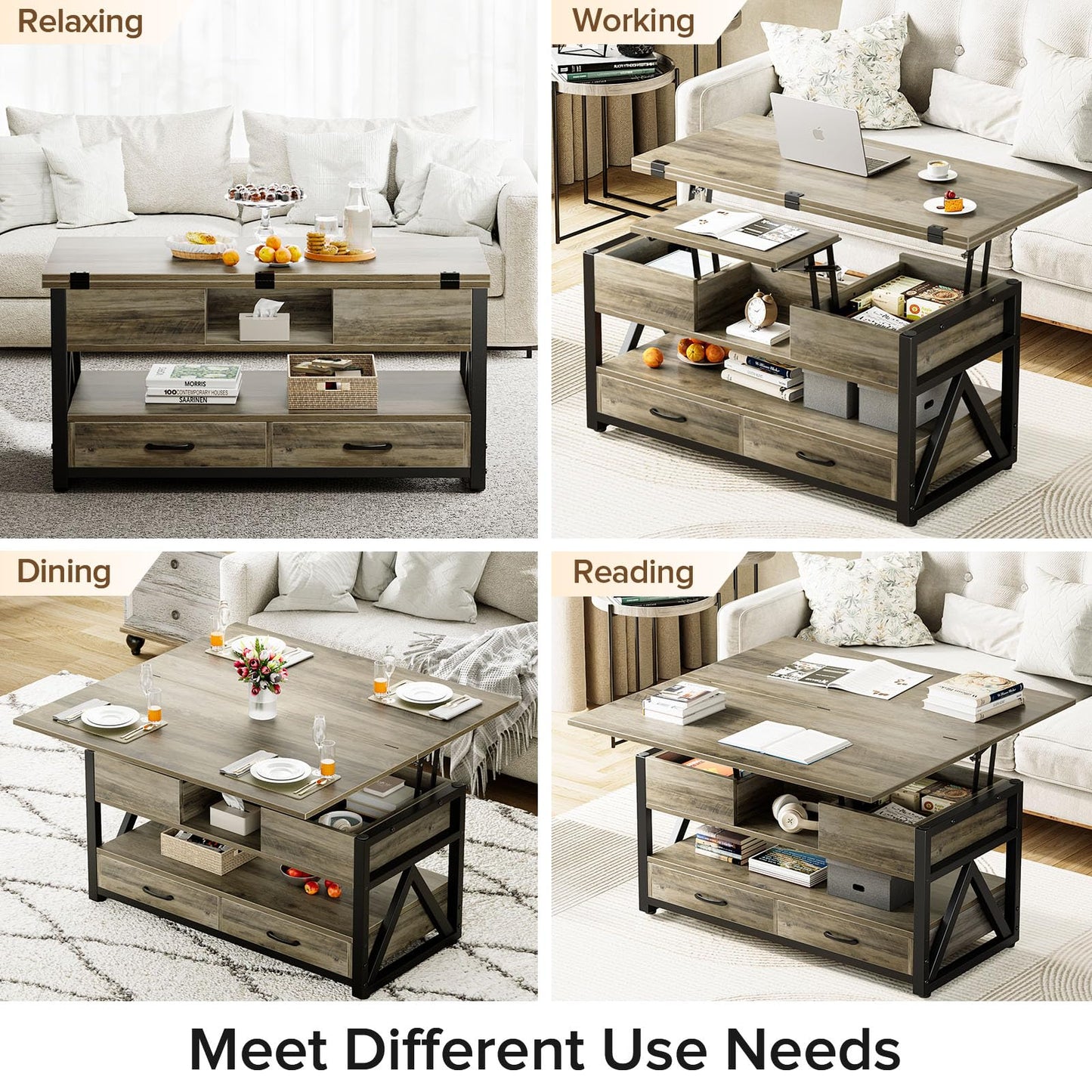 40" Lift Top Coffee Table,4 in 1 Multi-Function Lift Coffee Tables with Storage Drawers