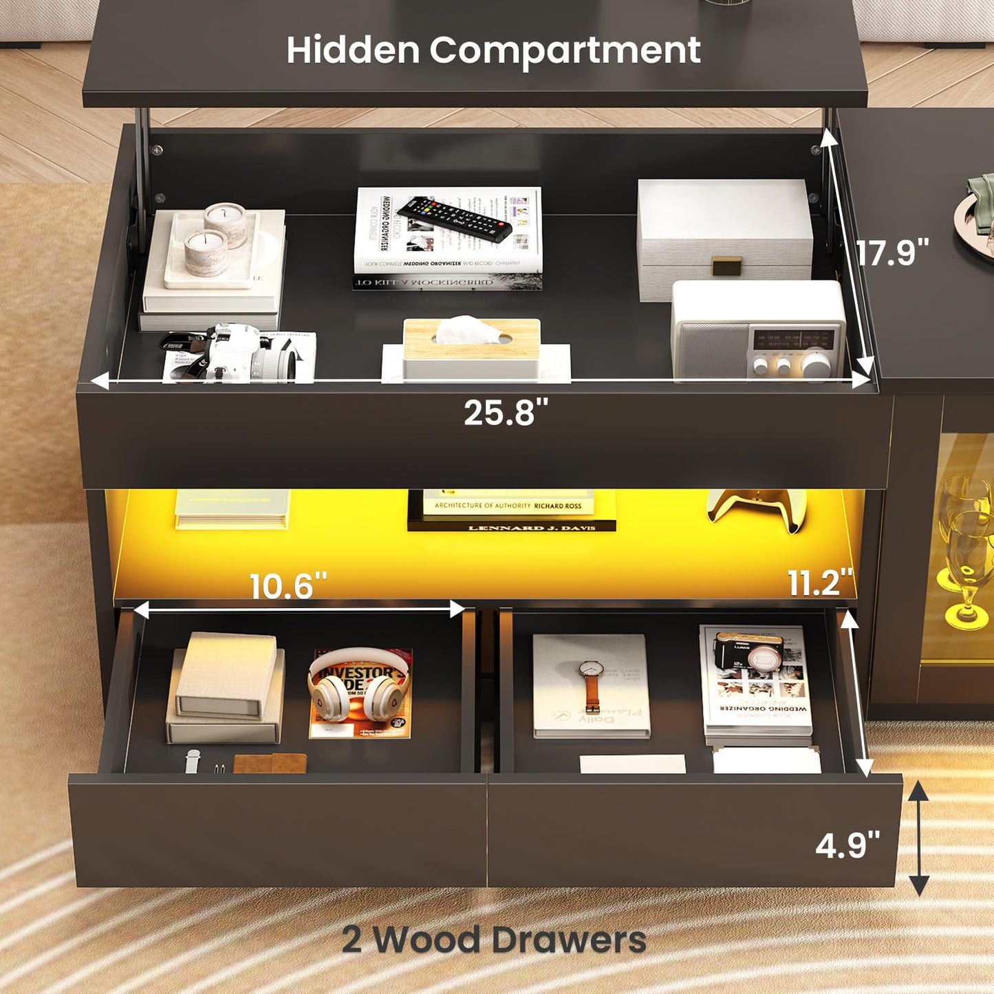 39.4" Lift Top Coffee Table with 2 Drawers, Modern LED Coffee Tables for Living Room