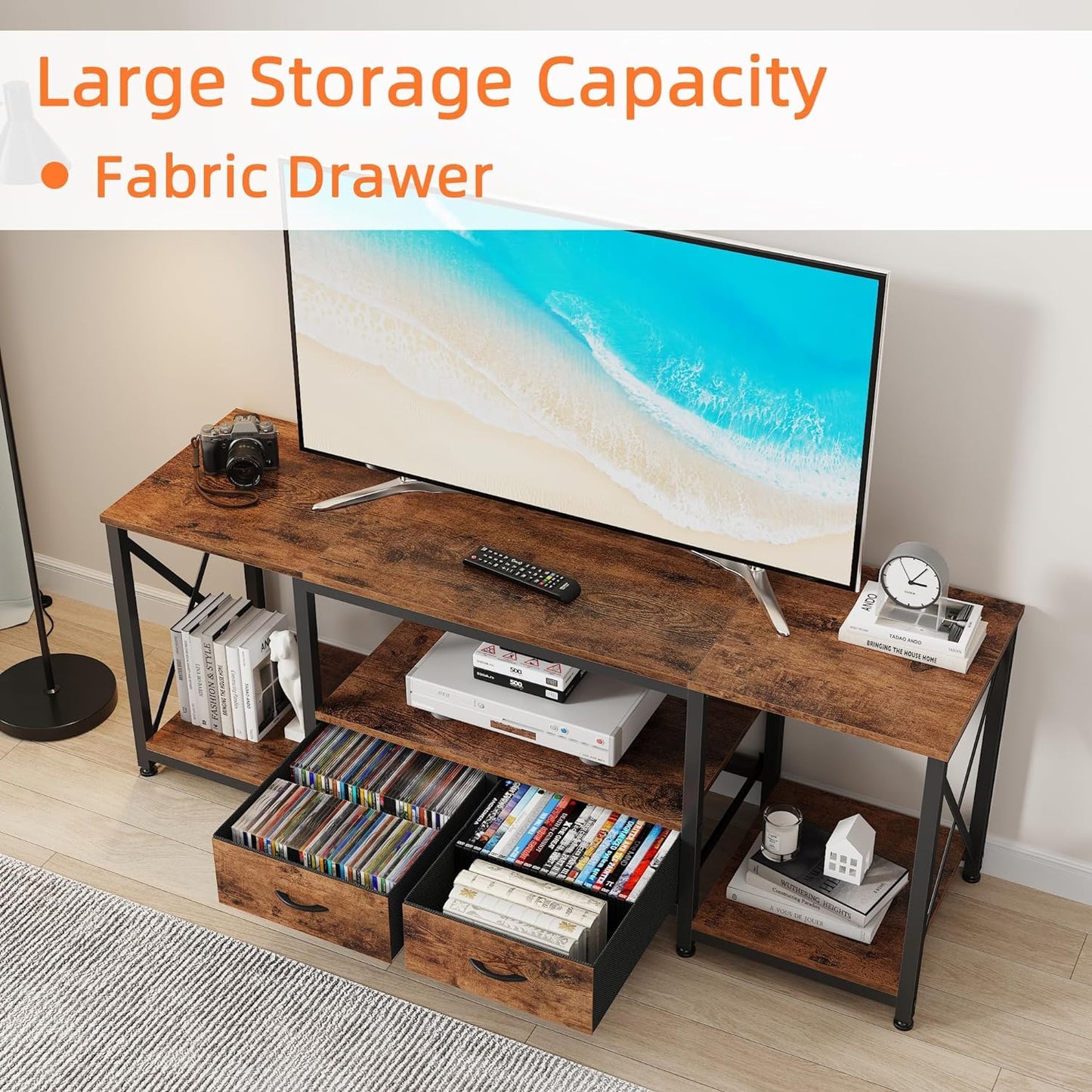 63" Rustic Brown TV Stand for 65–75 Inch TVs – Industrial Entertainment Center with Fabric Drawers