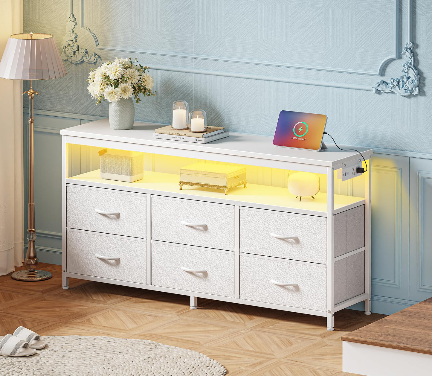 63" Black LED TV Stand with Power Outlets – Long Dresser Entertainment Center