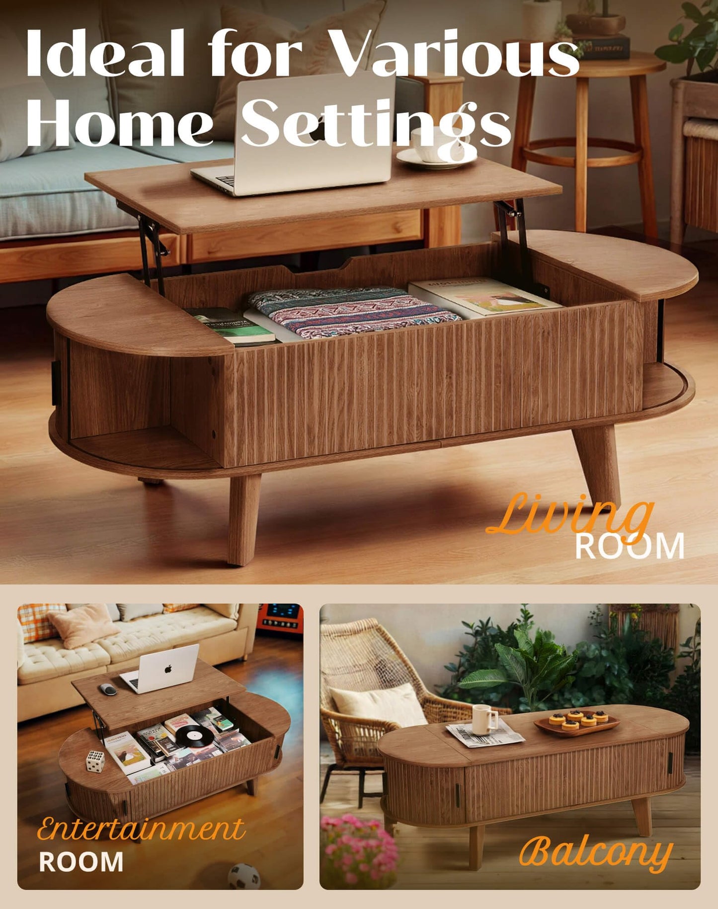 Oval Lift Top Coffee Table with Storage, 47.2" Mid Century Modern Living Room Center Table