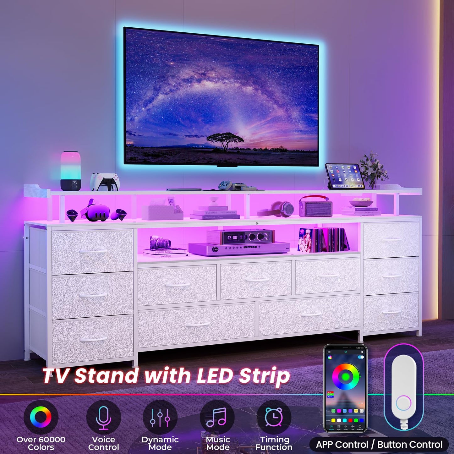 63" White TV Stand for 65 Inch TV – LED Entertainment Center with Charging Station,