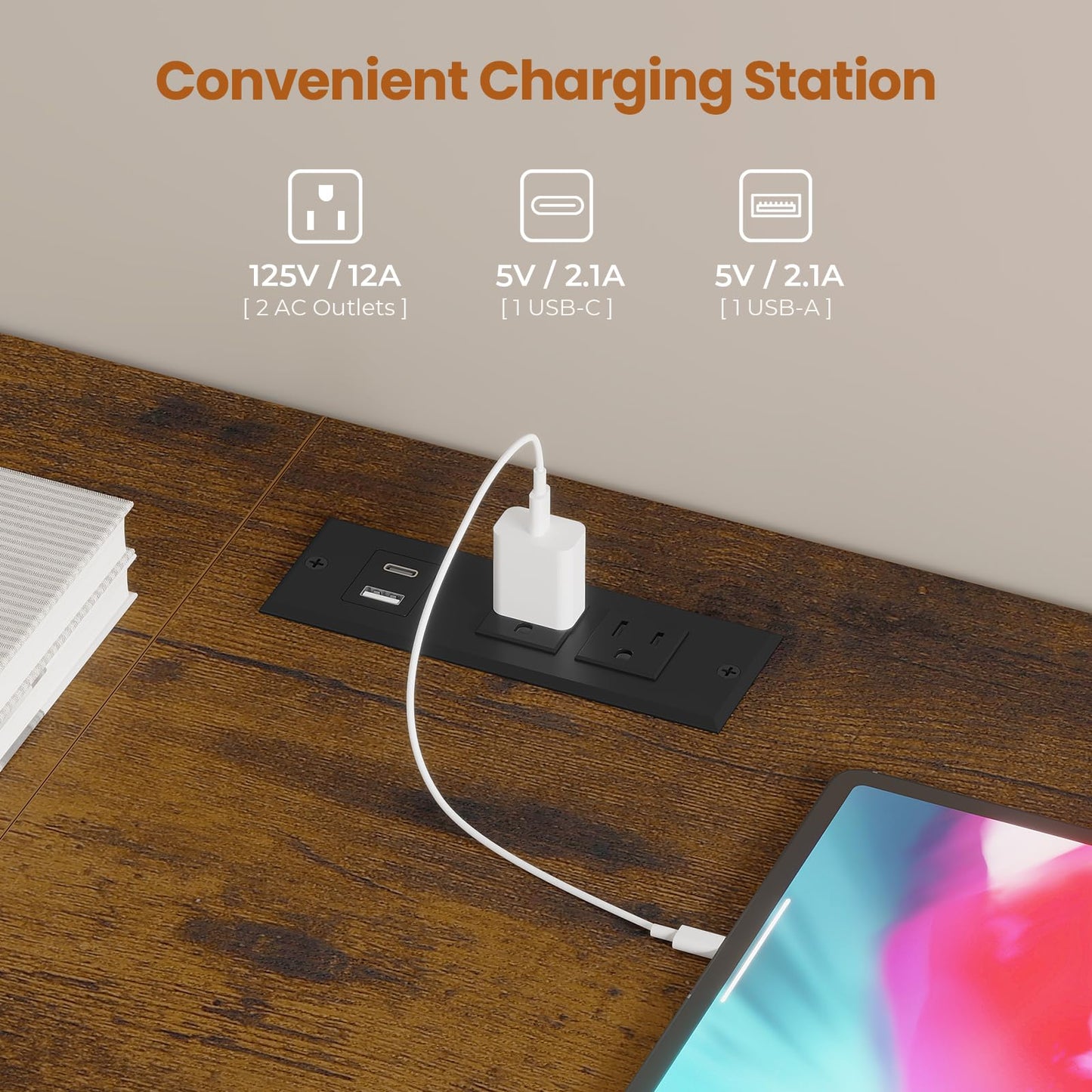 63" Rustic Brown LED TV Stand for 65–75 Inch TVs – Entertainment Center with Power Outlets,