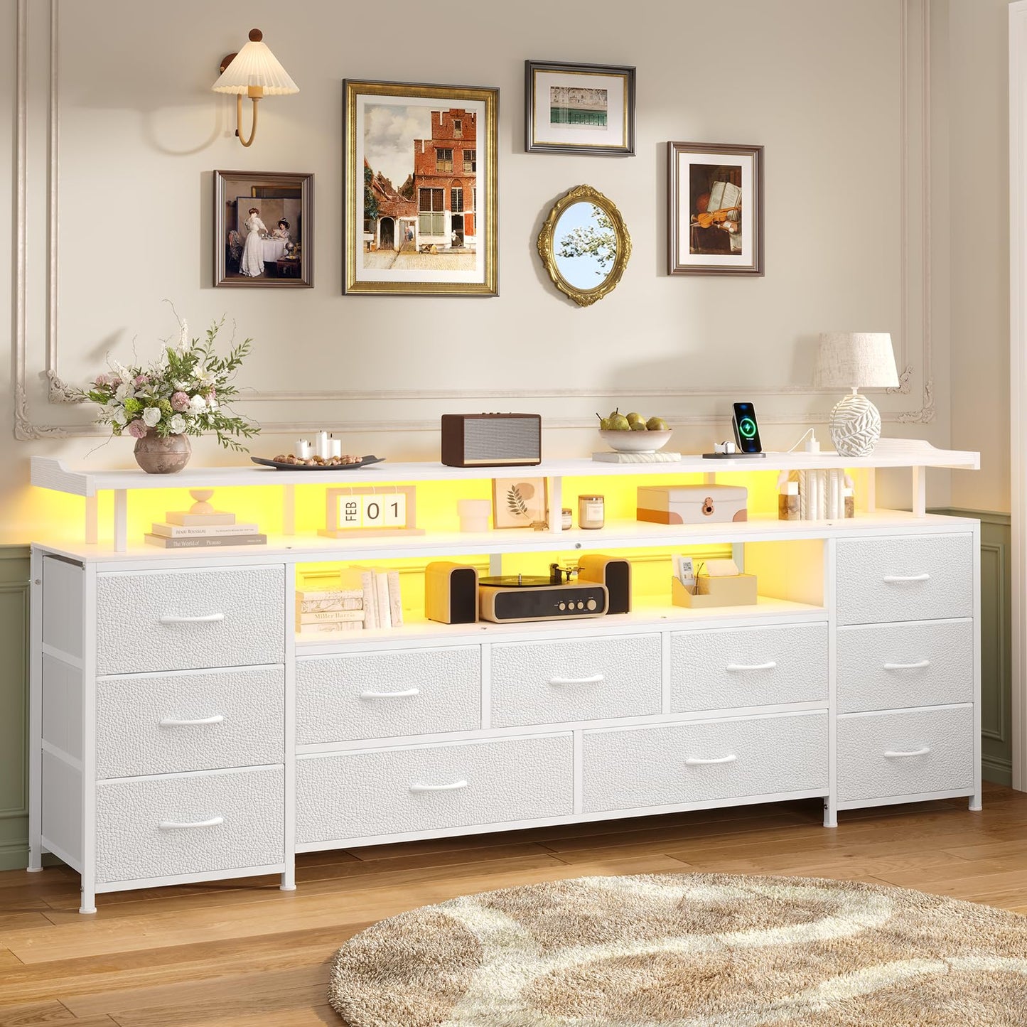 63" White TV Stand for 65 Inch TV – LED Entertainment Center with Charging Station,