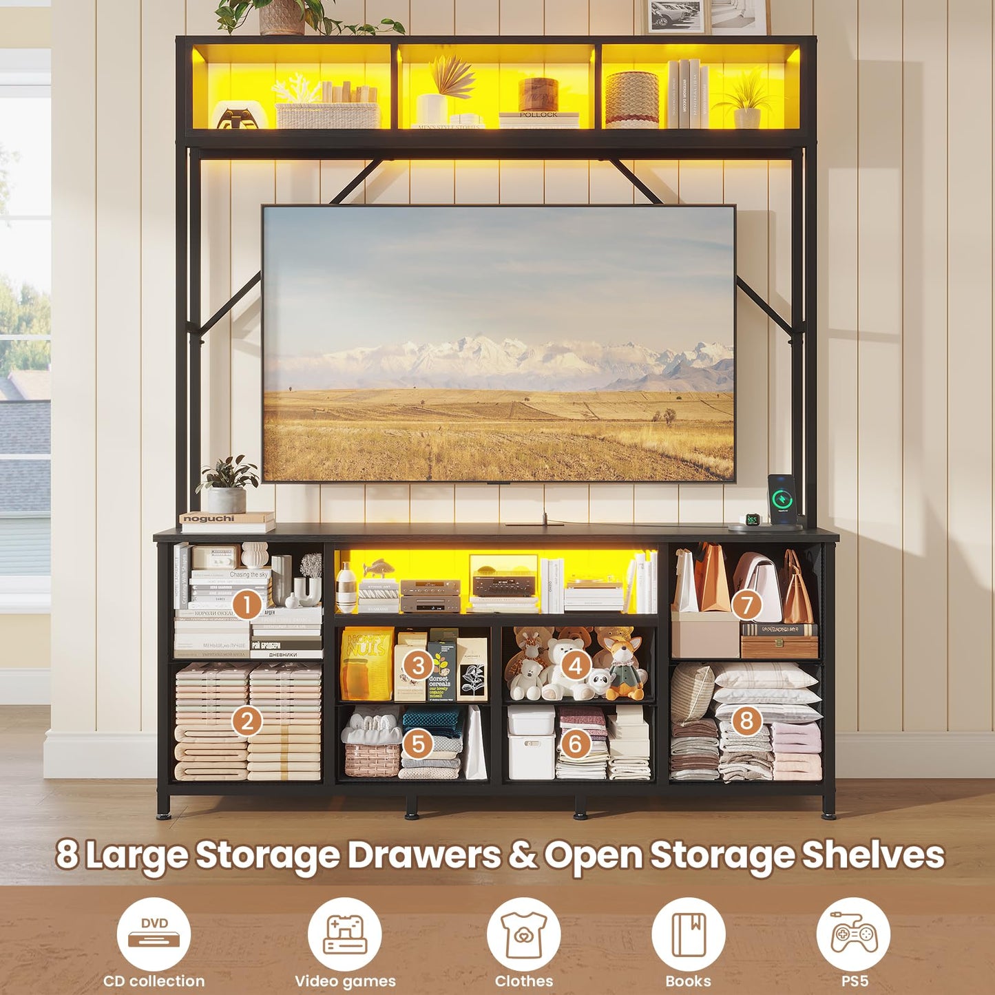 55" Rustic Brown TV Stand – LED Entertainment Center with Power Outlets, 6 PU Fabric Drawers