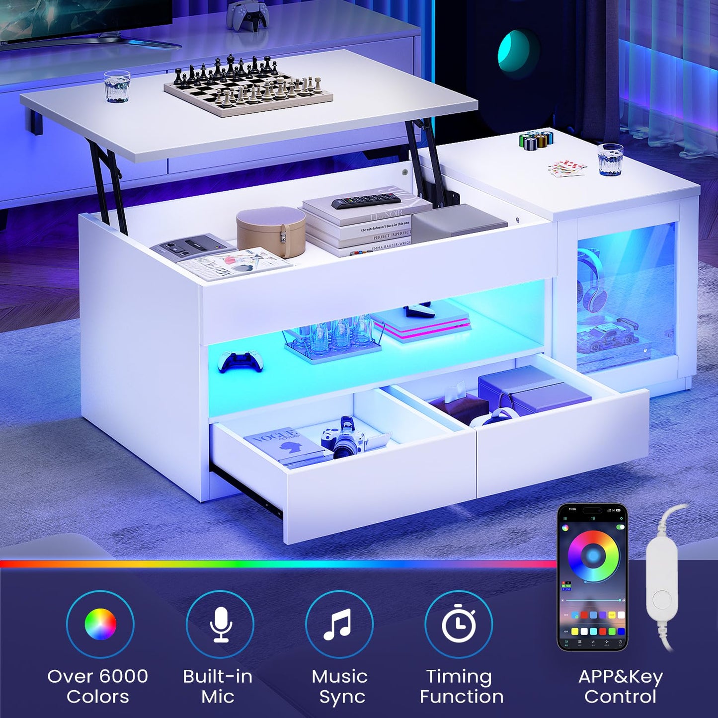 39.4" Lift Top Coffee Table with 2 Drawers, Modern LED Coffee Tables for Living Room