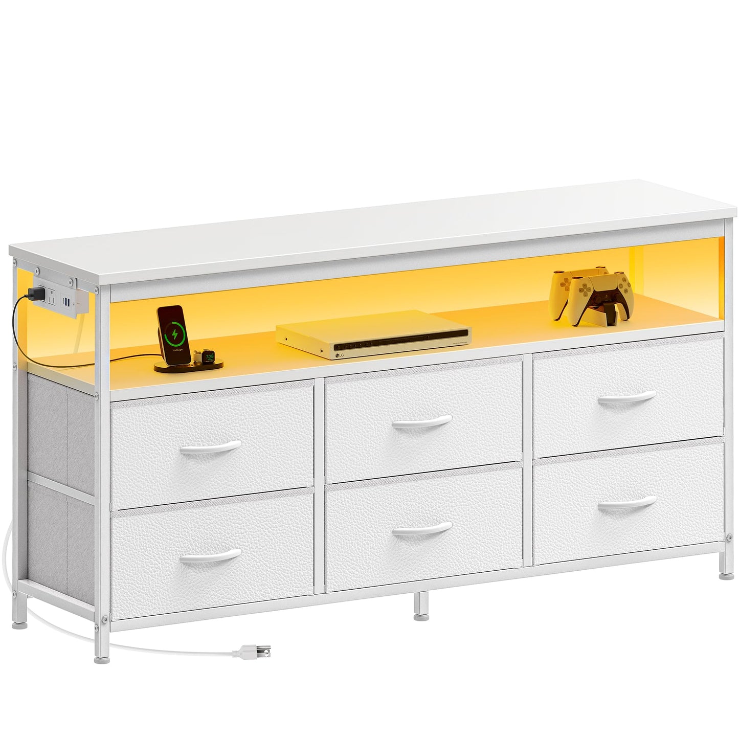 63" Black LED TV Stand with Power Outlets – Long Dresser Entertainment Center