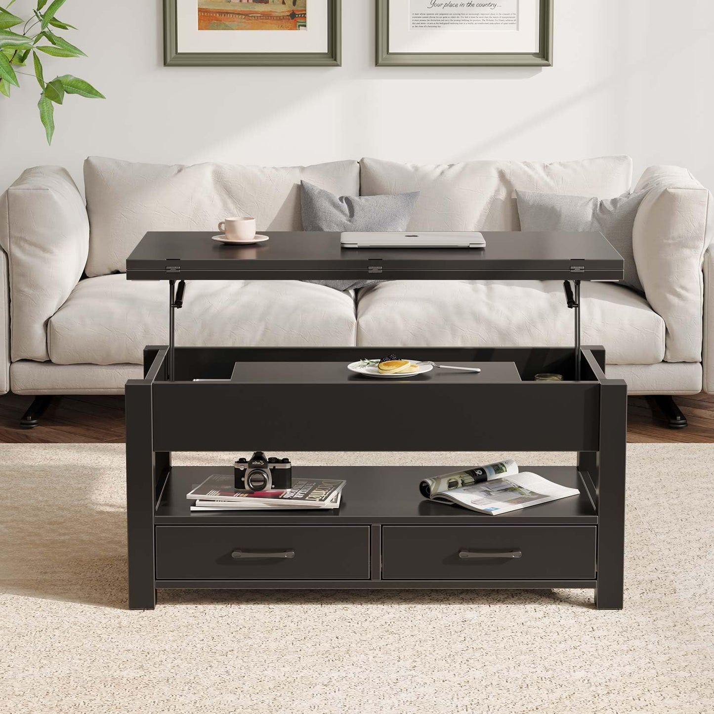 Lift Top Coffee Table – Convertible Espresso Table with Drawers & Hidden Storage,