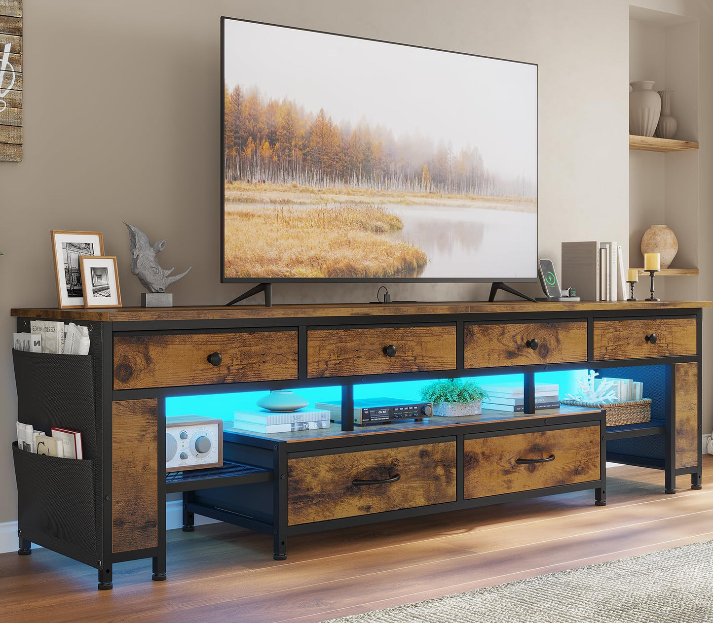 63" Rustic Brown LED TV Stand for 65–75 Inch TVs – Entertainment Center with Power Outlets,