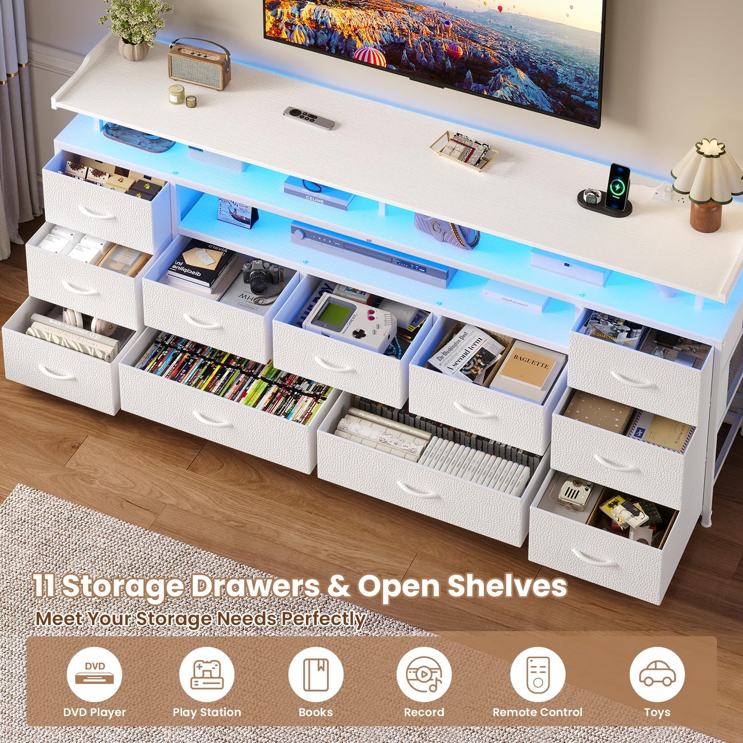 63" White TV Stand for 65 Inch TV – LED Entertainment Center with Charging Station,