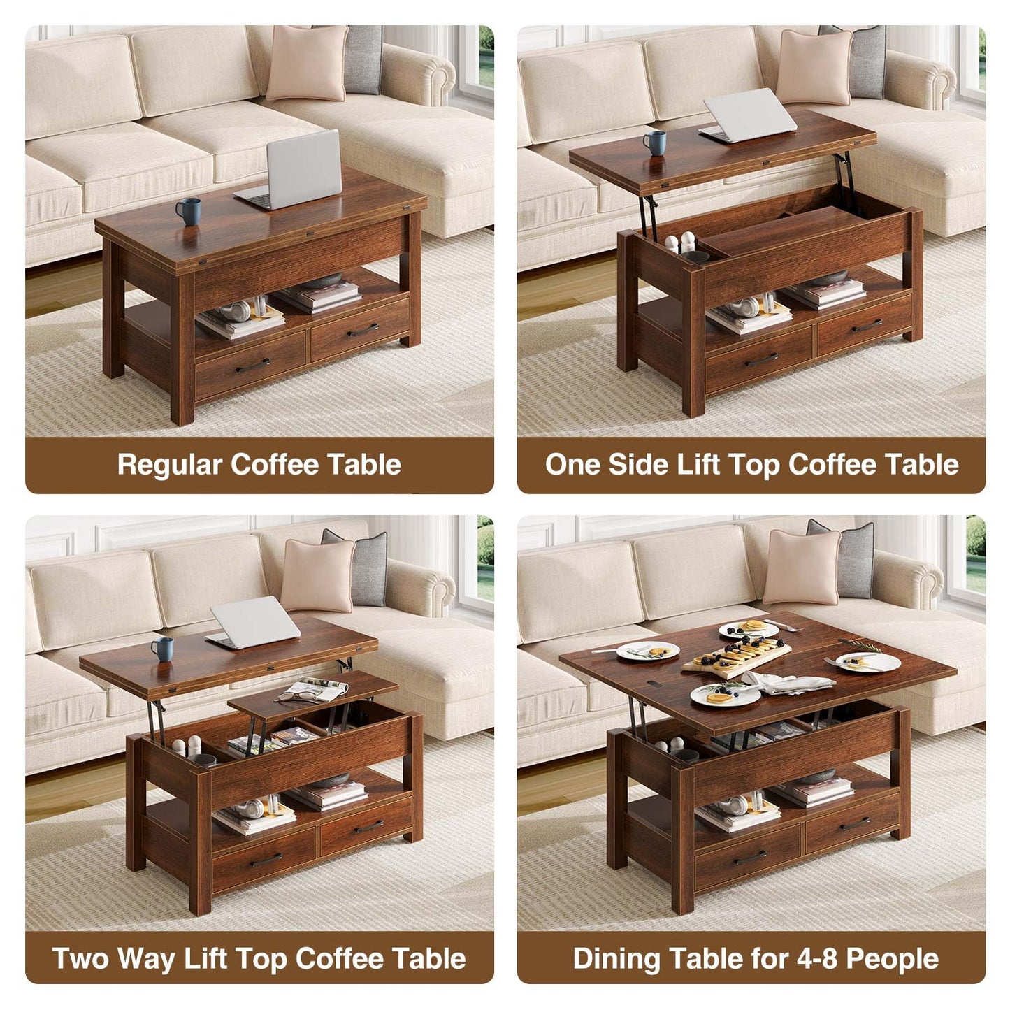 Lift Top Coffee Table – Convertible Espresso Table with Drawers & Hidden Storage,