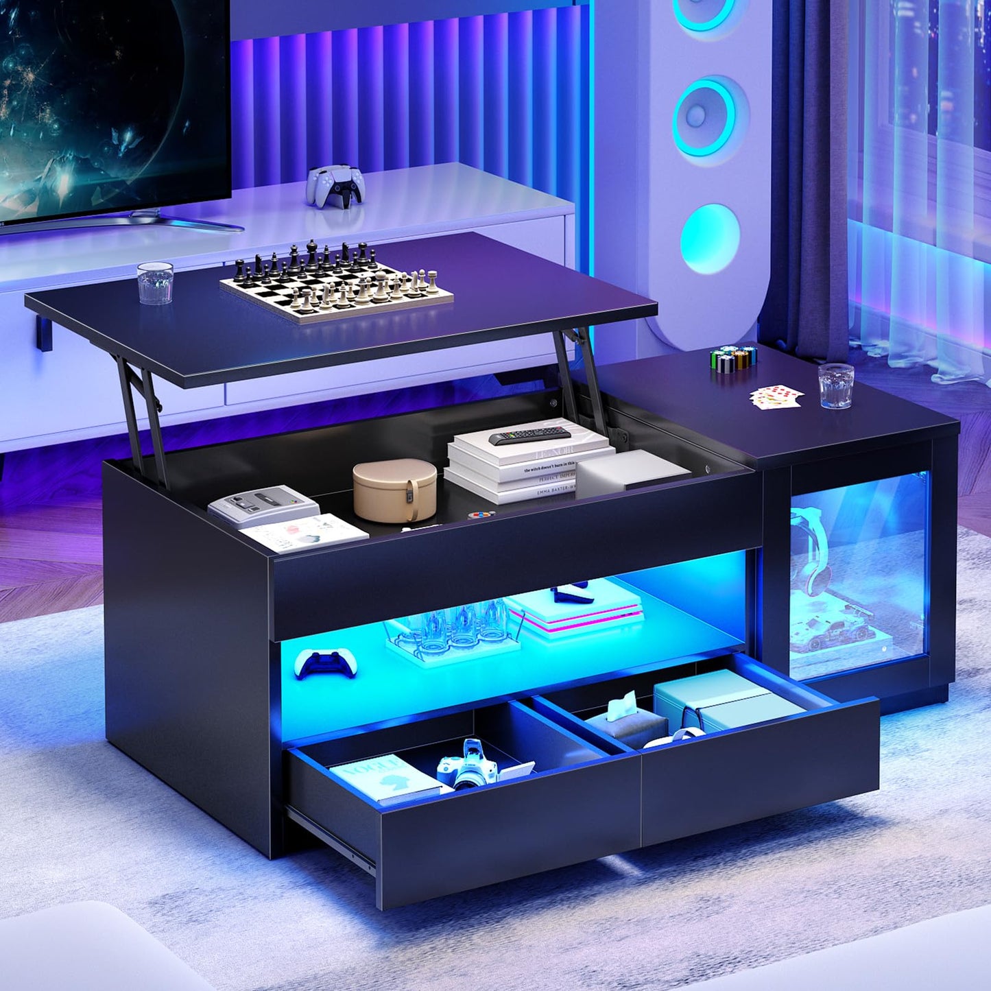 39.4" Lift Top Coffee Table with 2 Drawers, Modern LED Coffee Tables for Living Room