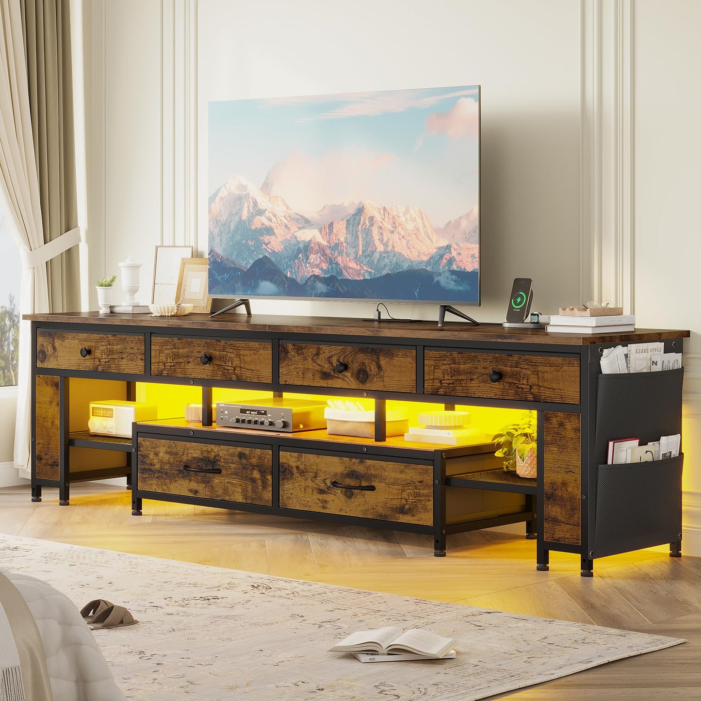 63" Rustic Brown LED TV Stand for 65–75 Inch TVs – Entertainment Center with Power Outlets,