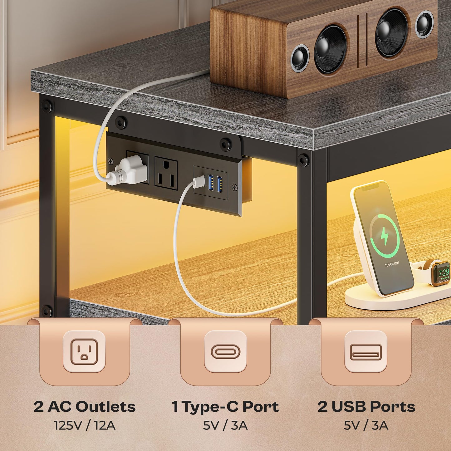 63" Black LED TV Stand with Power Outlets – Long Dresser Entertainment Center