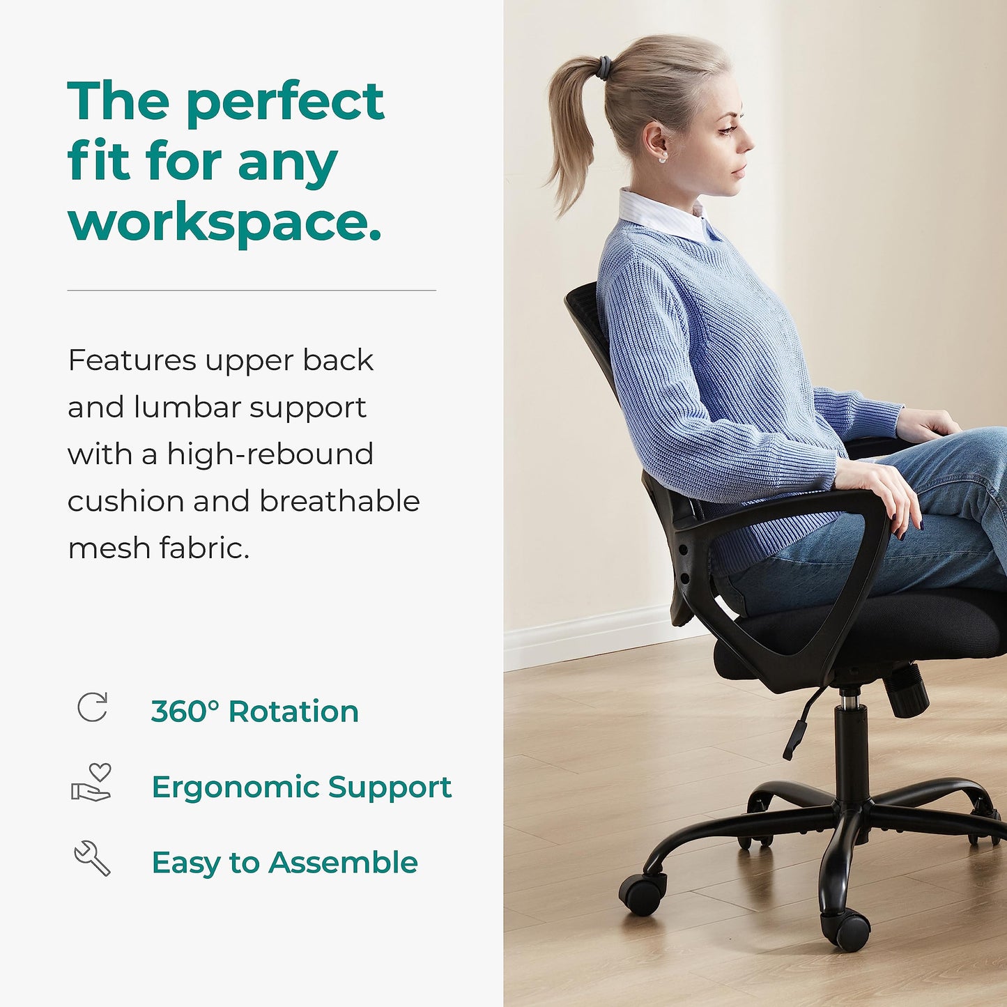 Ergonomic Home Office Chair – Mid-Back Mesh Computer Desk Chair with Lumbar Support