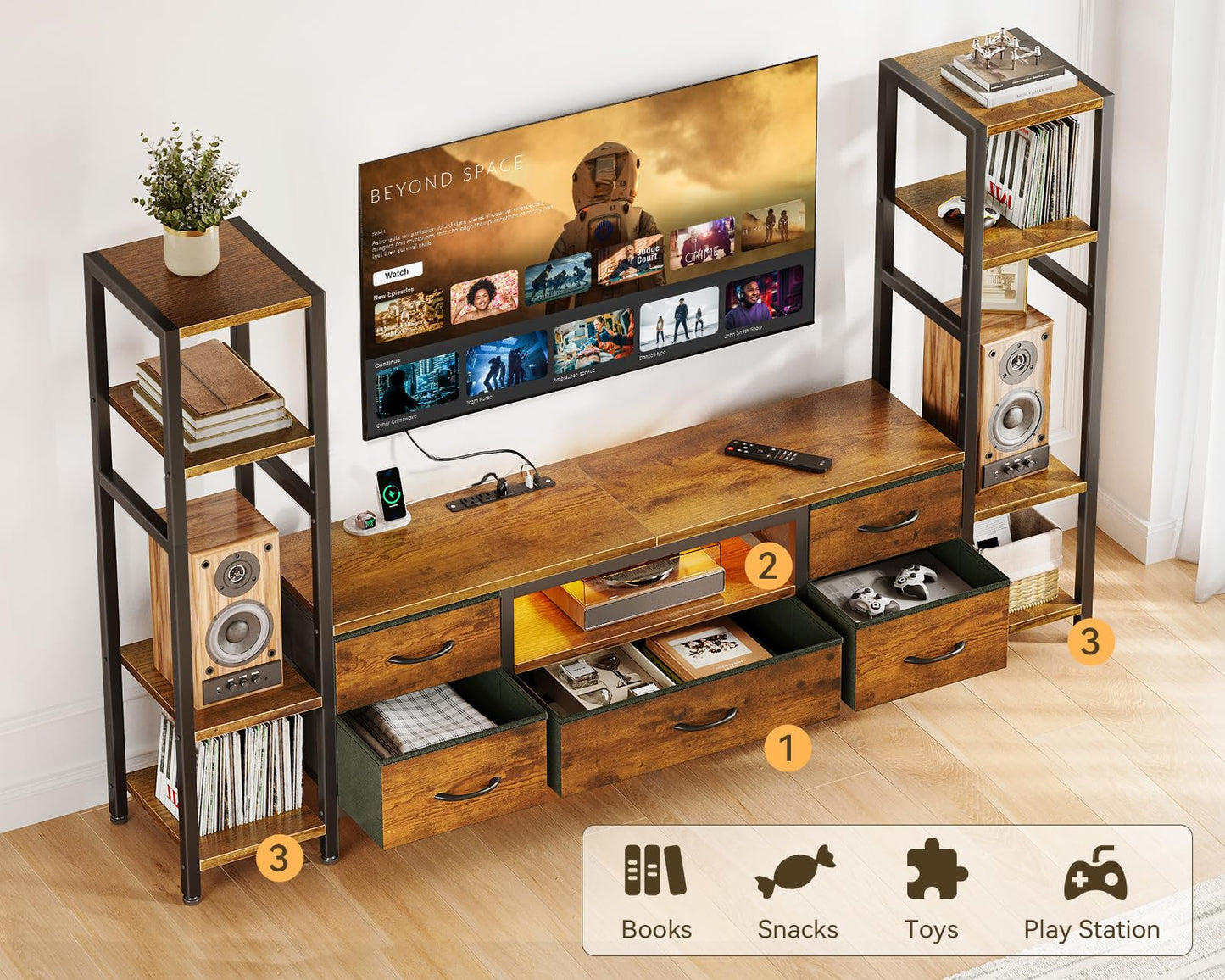 Black TV Stand with LED Lights & Power Outlets, 5 Drawer Entertainment Center for 40–50 Inch TVs