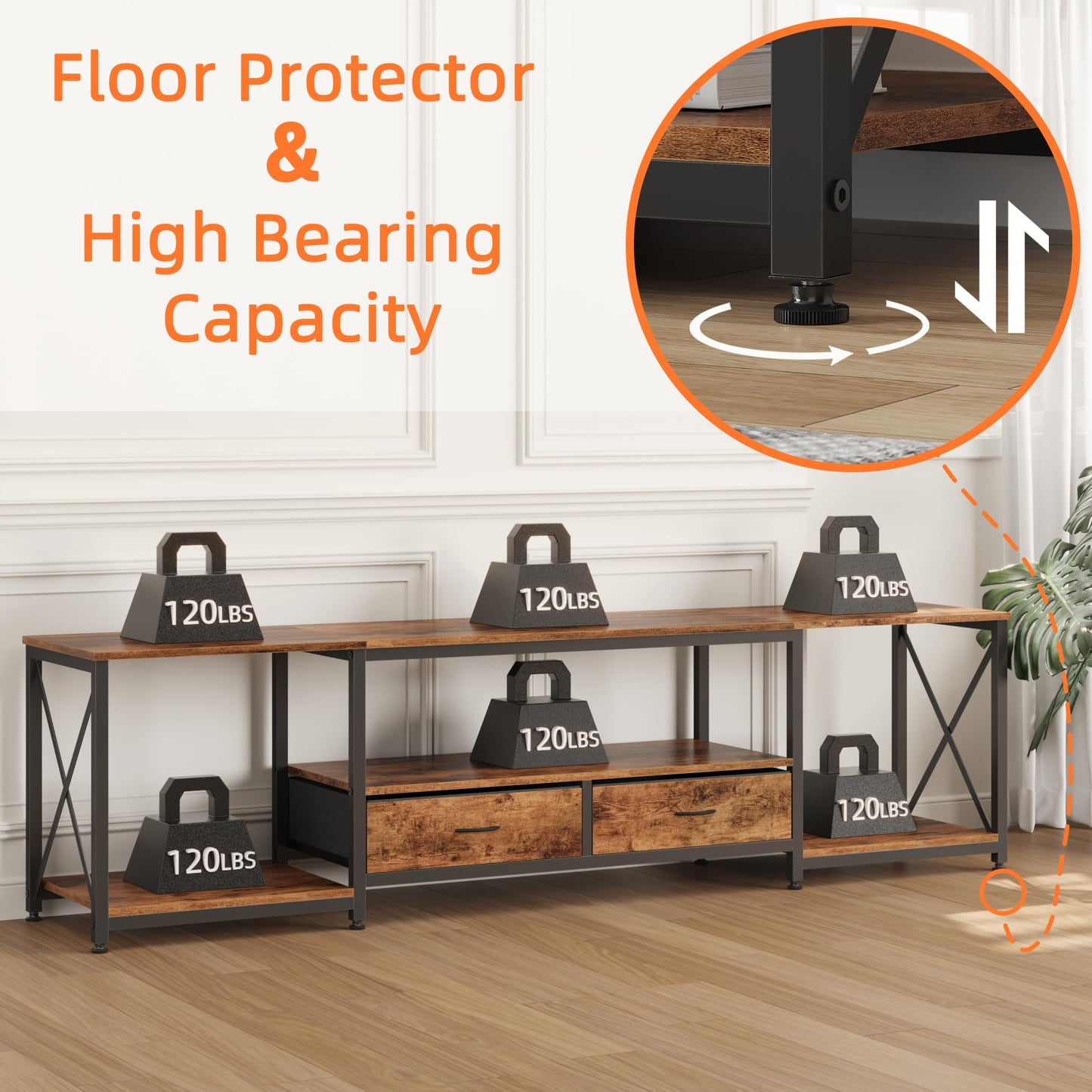 63" Rustic Brown TV Stand for 65–75 Inch TVs – Industrial Entertainment Center with Fabric Drawers