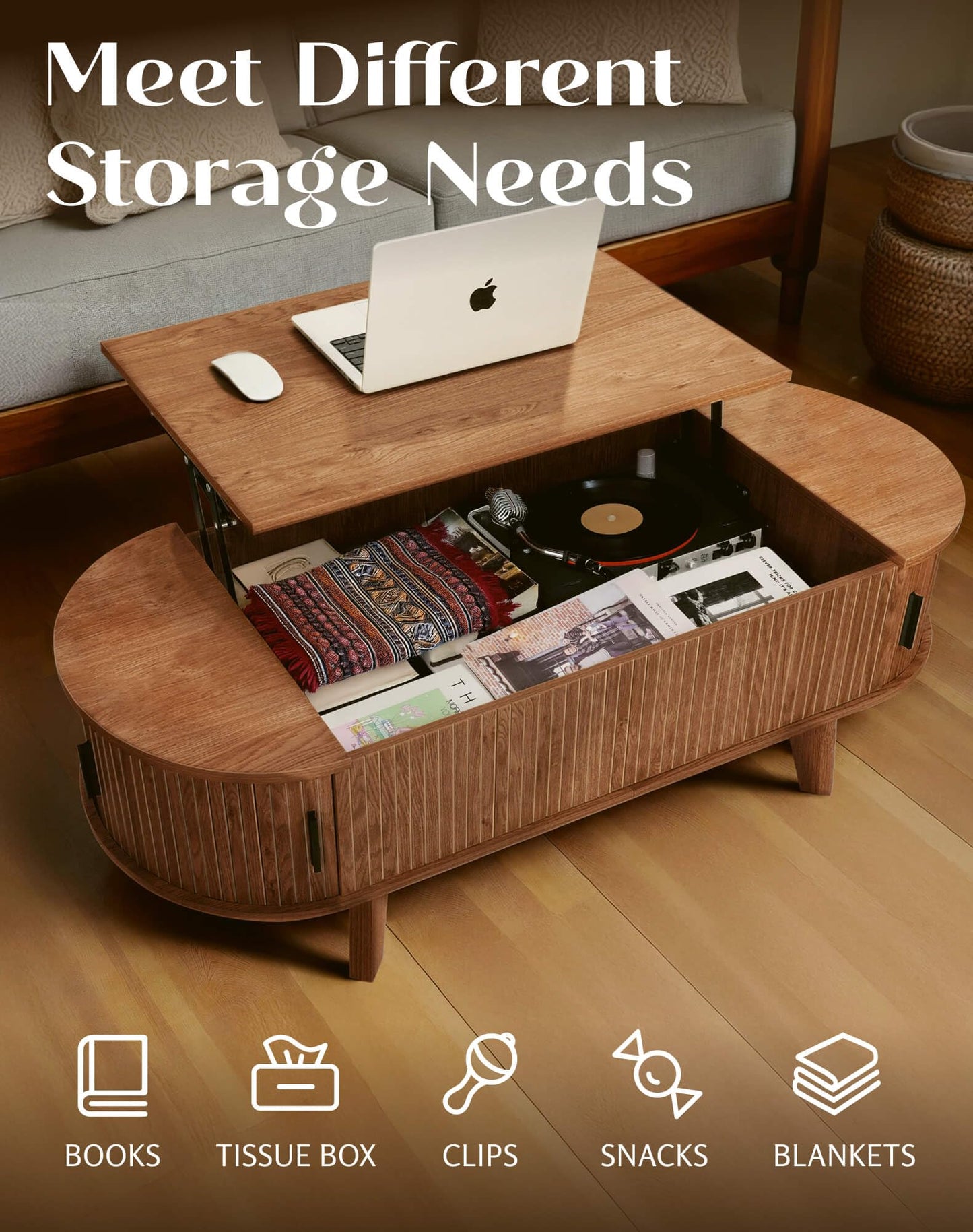 Oval Lift Top Coffee Table with Storage, 47.2" Mid Century Modern Living Room Center Table