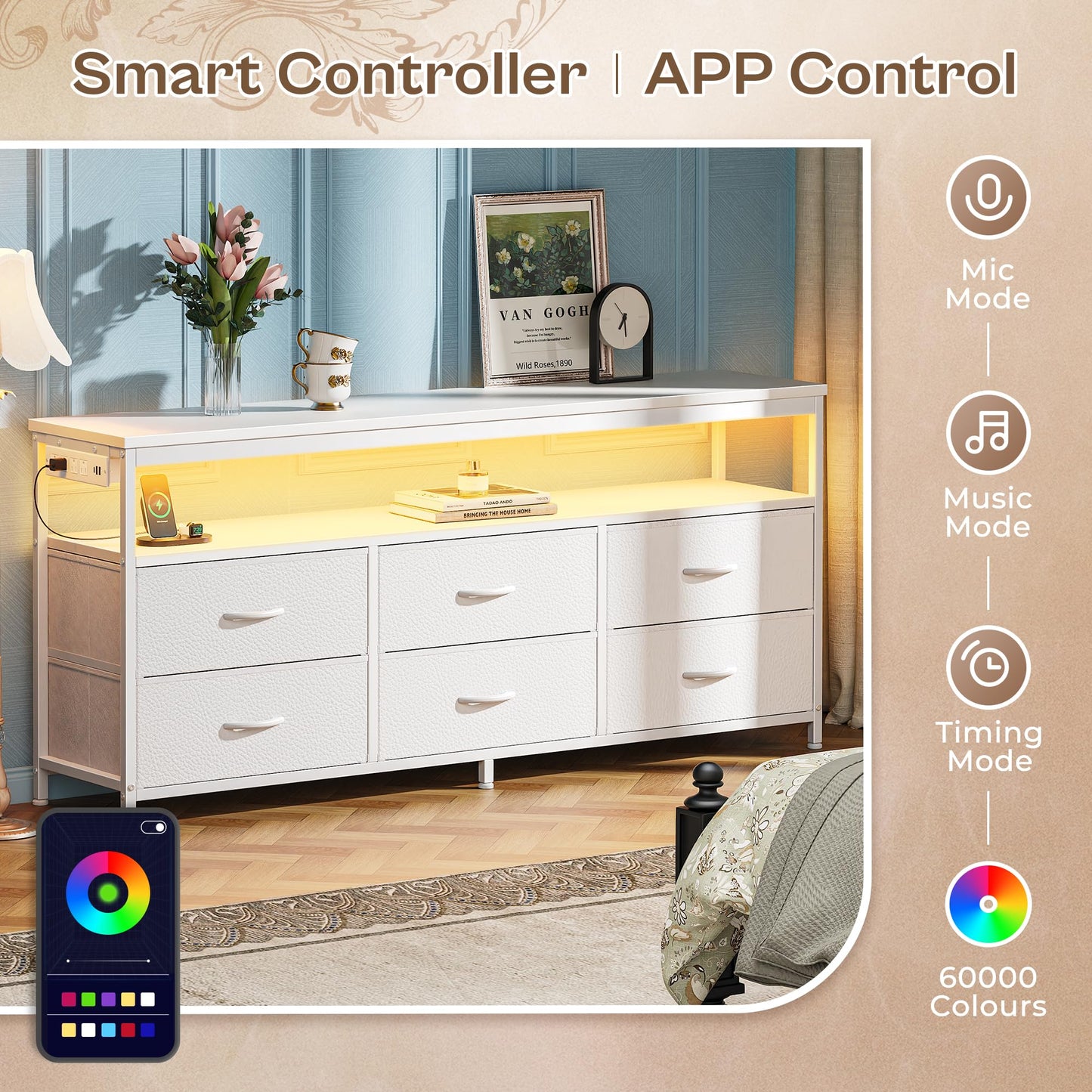 63" Black LED TV Stand with Power Outlets – Long Dresser Entertainment Center