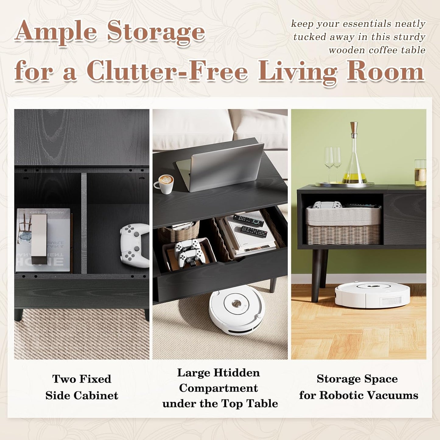 Wood Lift Top Coffee Table with Hidden Compartment and Large Storage Shelf,