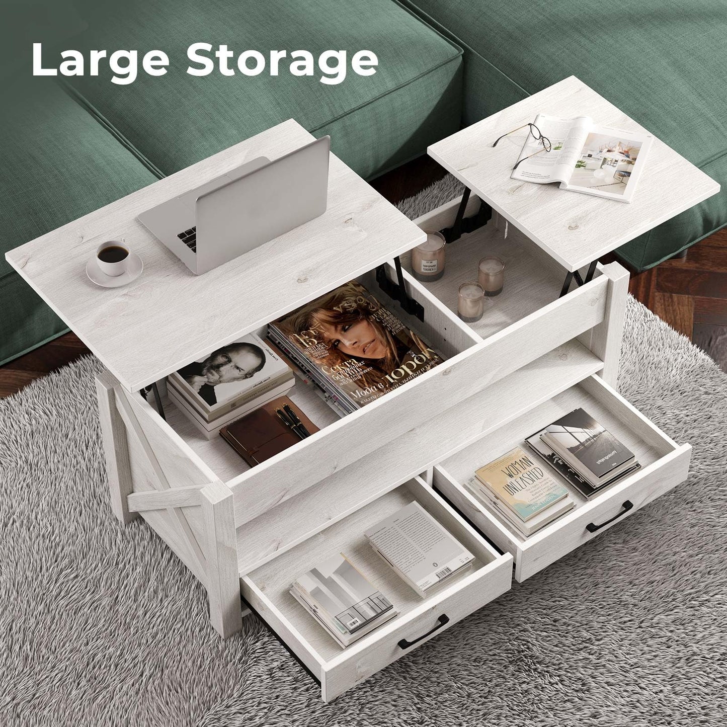 47.2" Black Lift Top Coffee Table – Farmhouse X-Frame Center Table with Hidden Storage & 2 Drawers