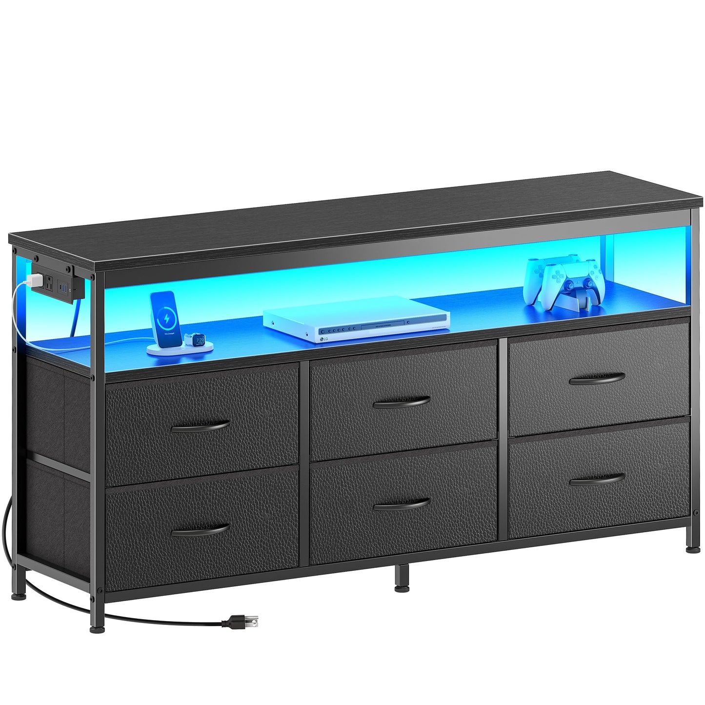 63" Black LED TV Stand with Power Outlets – Long Dresser Entertainment Center